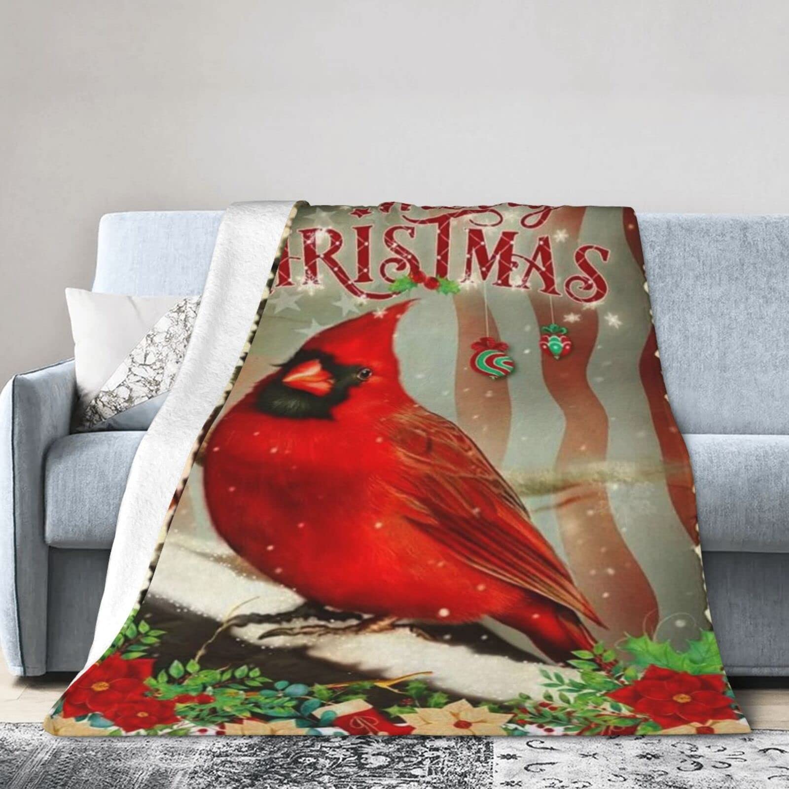 Lsjuee Christmas Flannel Fleece Blanket 60"X50" Cardinal Merry Christmas Sofa Throw Blanket Lightweight Ultra-Soft Travel Winter Blankets for Boys Keep Warm