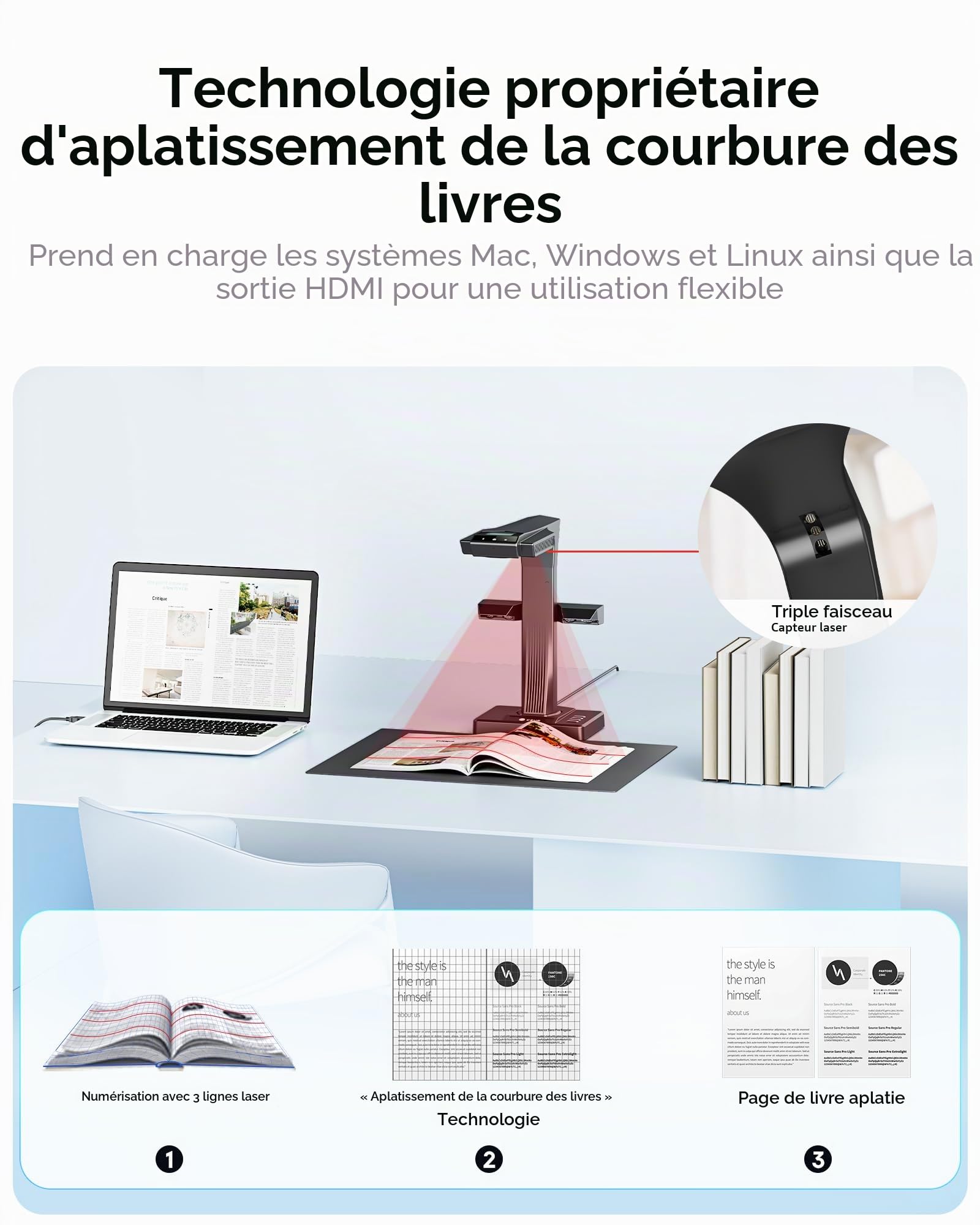 CZUR ET Max Scanner de Livres Pro 38MP, Caméra Document USB Haute Vitesse, Redressement Laser, OCR 180+ Langues, Capture Format A3, Compatible HDMI, pour Windows&Mac&Linux