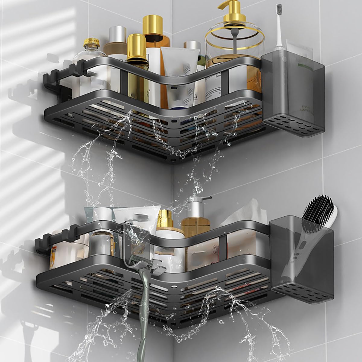EVERZONE Corner Shower Caddy Tension Pole 2-Tier Adjustable Shelves for Bathroom Organizers and Storage Floor to Ceiling Rustproof