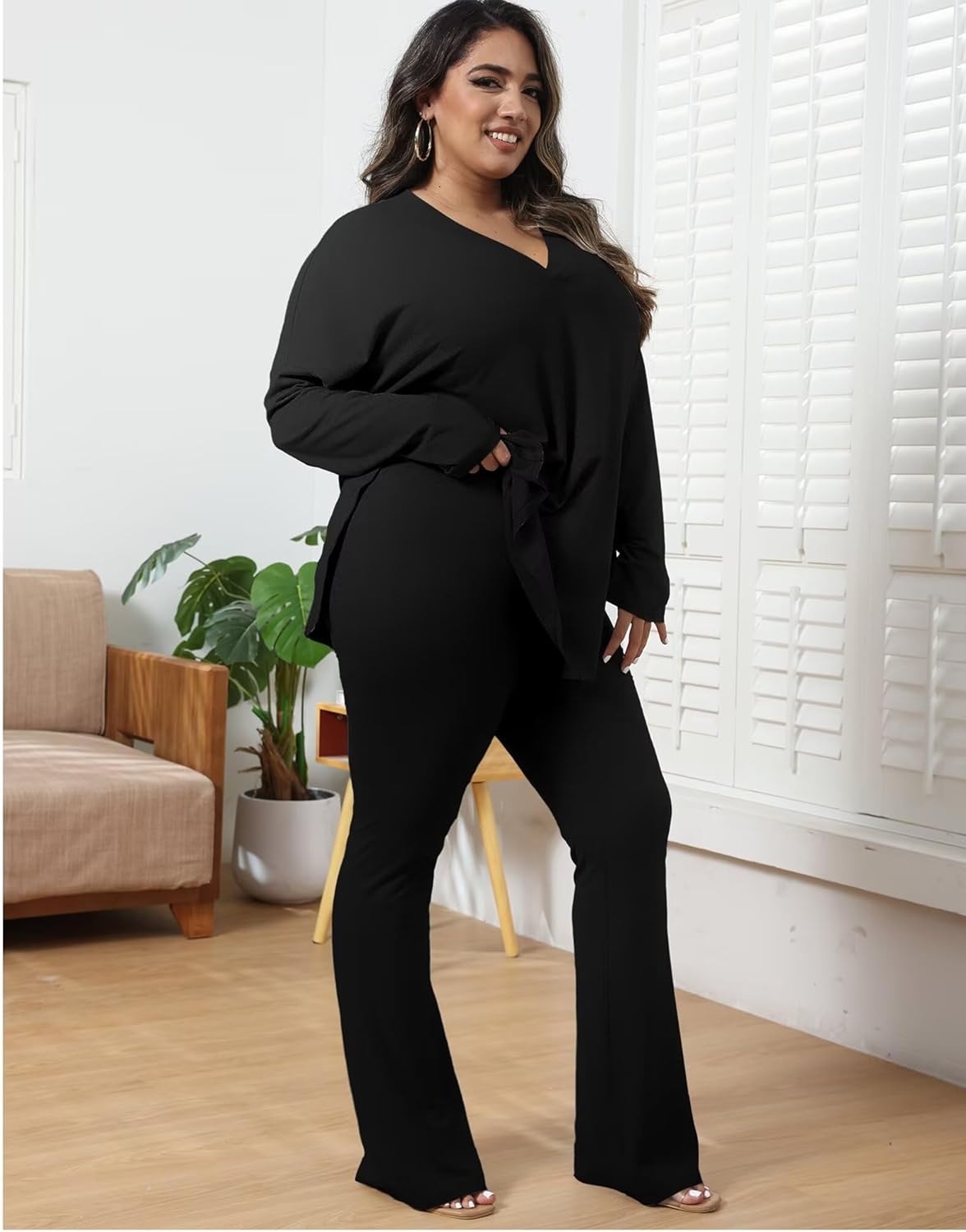 IyMoo Womens Plus Size Pants Suits Tracksuits 2 Piece Set Outfits Long Sleeve V Neck Slit Pullover Flare Leg Loungewear - Image 4