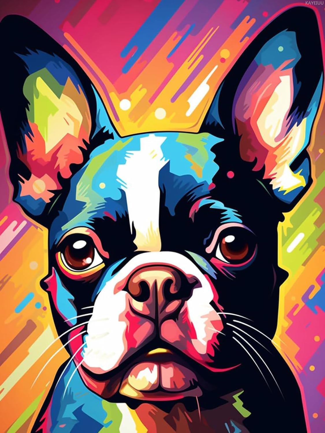 KAYEIUU Boston Terrier Dog Colored 5D Diamond Art Painting for Adults Full Drill Round Diamond Paint by Number Kits for Beginners Gems Cross Stitch for Wall Decor 12x16inch