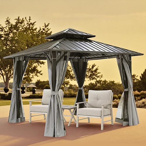 Miniatura 13 de Cenador de 12 x 16 pies con techo rígido, cenador de patio al aire libre, cenadores de patio con marco de aluminio y techo rígido con malla y Gris