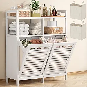 Homykic Tilt Out Laundry Hamper Cabinet with Bamboo Construction and Removable Baskets