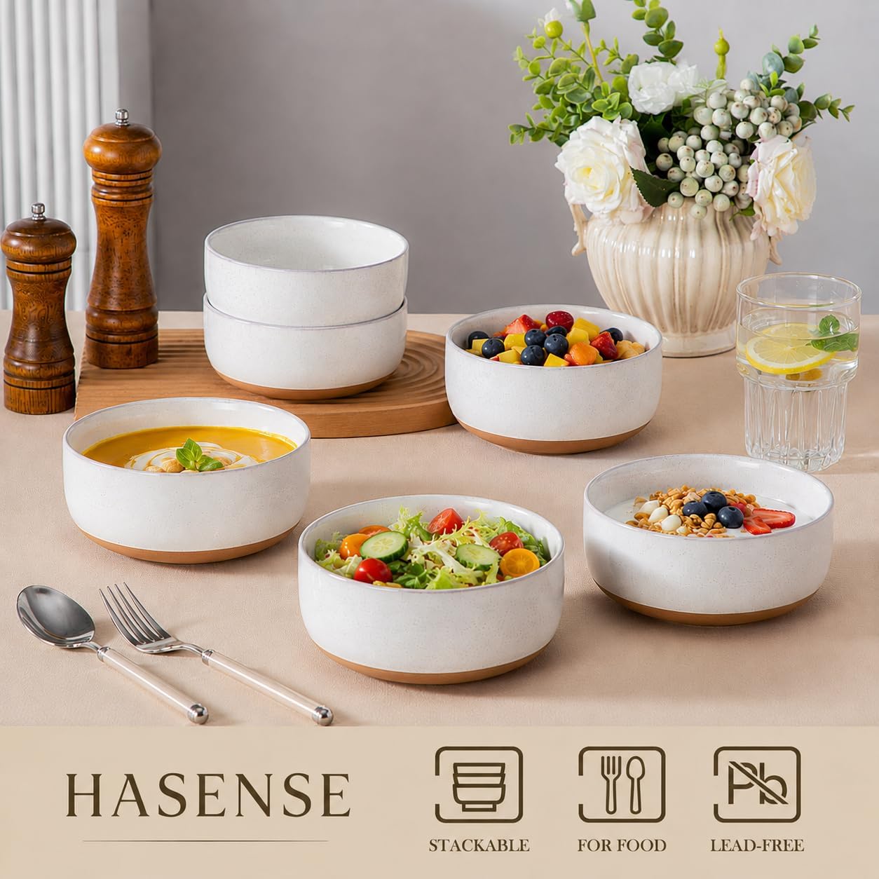 HASENSE 30 OZ Cereal Bowls Set of 6, Bluish White Ceramic Bowls for Kitchen image 4