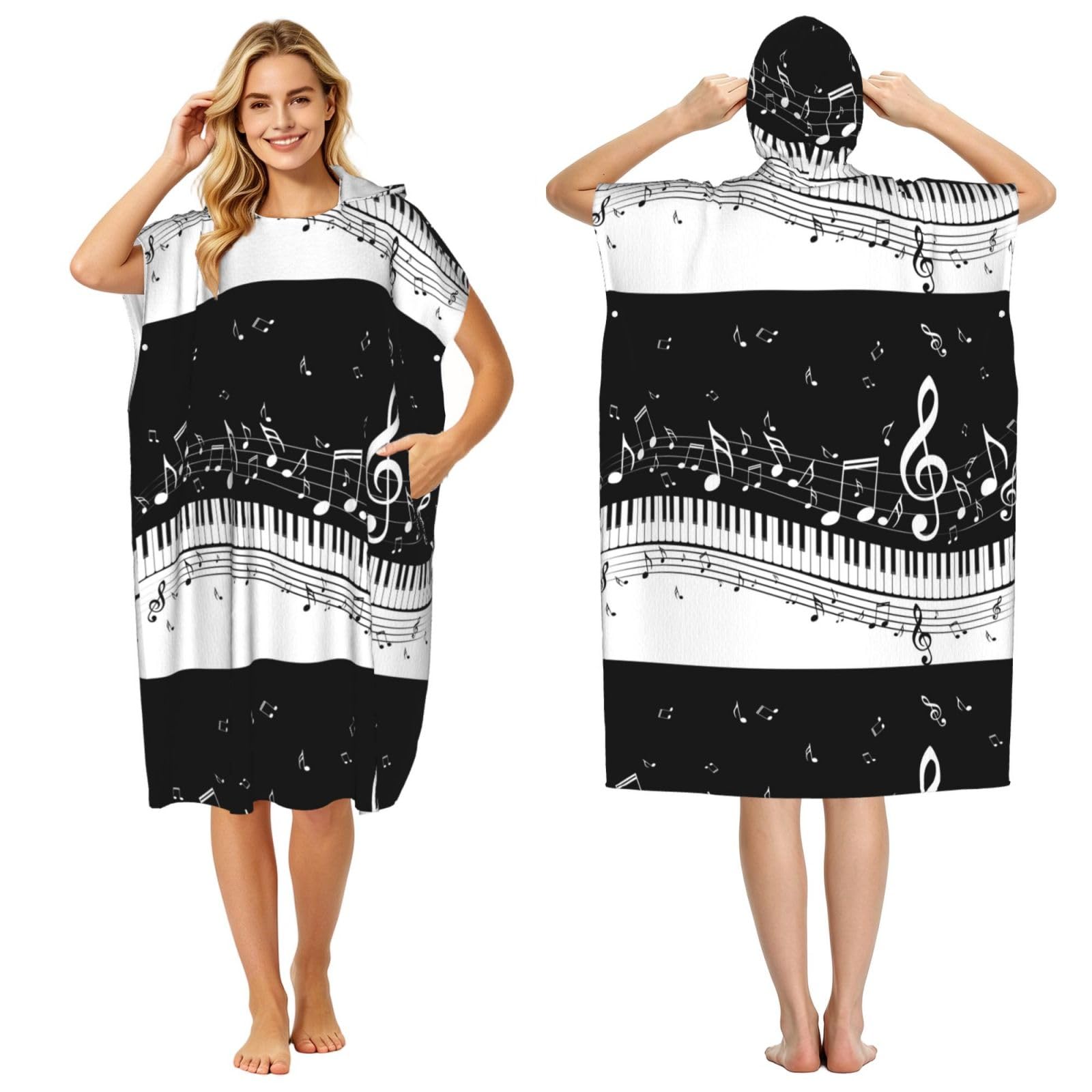 Poadnly Piano Key Notes, Adult Hooded Beach Towel 90 x 110 cm,Changing Bath Robe, Surf Poncho Towel For Women Men