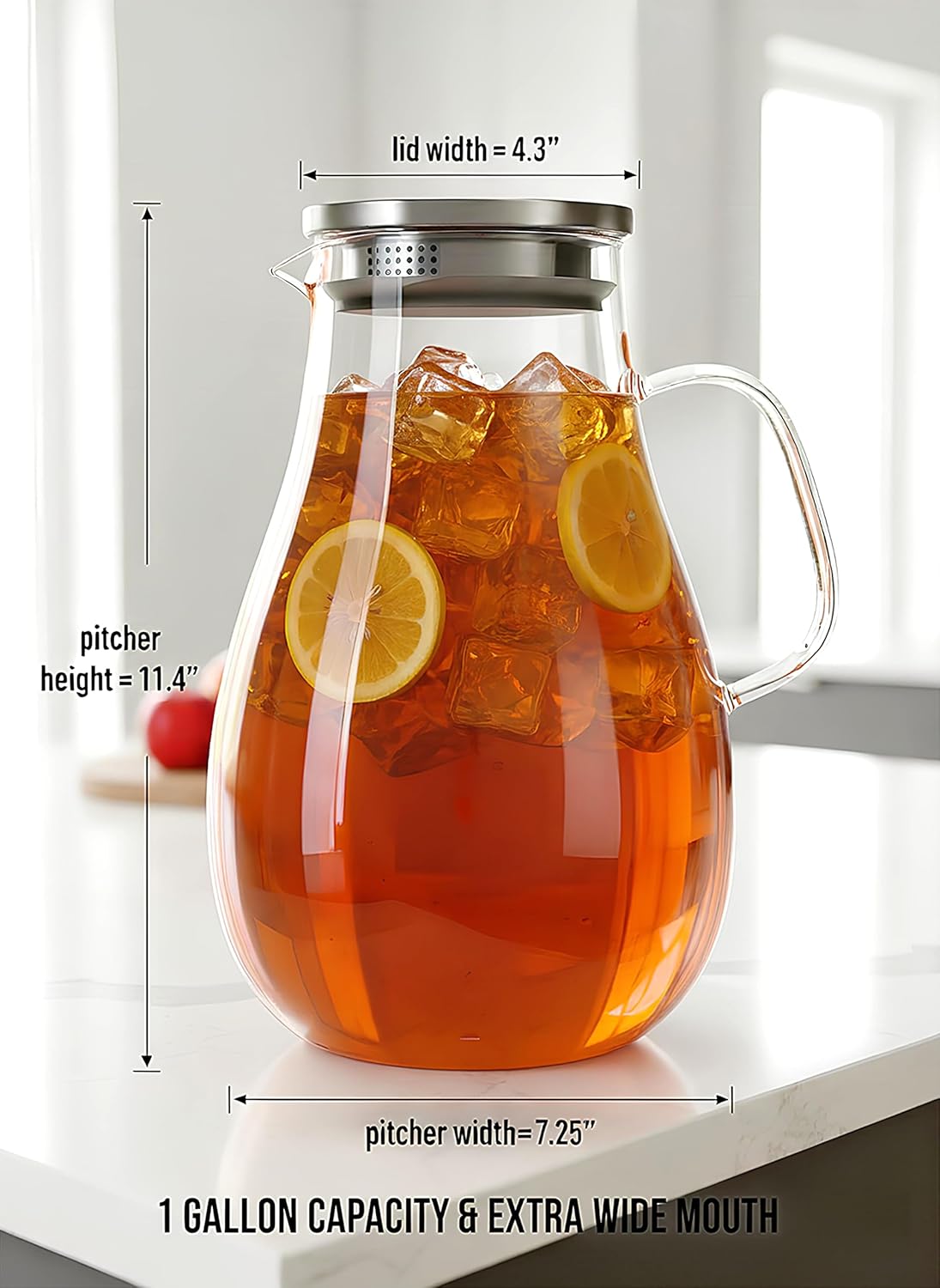 Infusion Pro 1 Gallon Glass Pitcher with Lid, Heat Resistant for Hot/Cold Use, Extra-Wide 4" Mouth, Great Iced Tea Pitcher | Delight Collection, 1 Gallon, 4 L