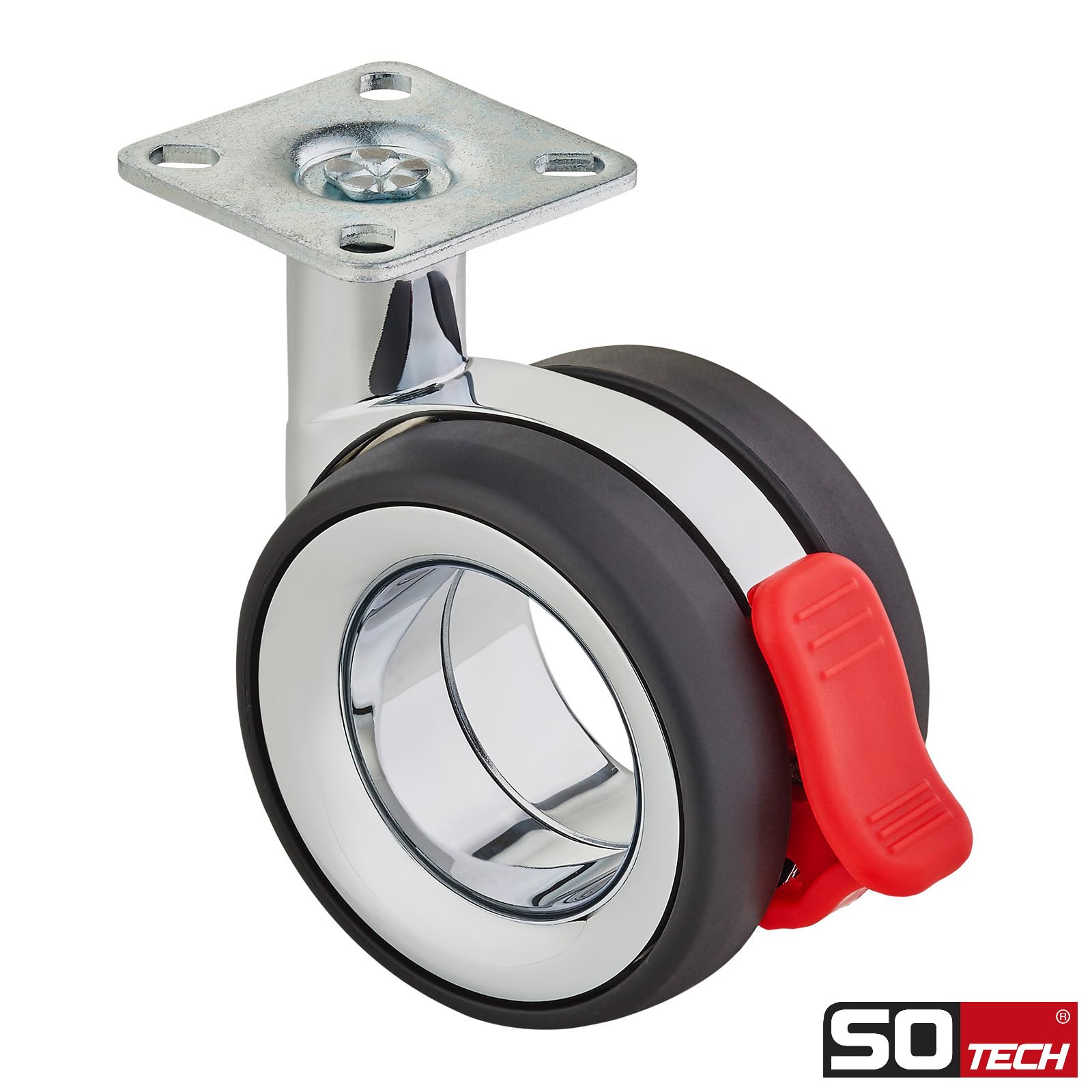 SOTECH juego de 4 ruedas para muebles Düsseldorf Ø 75 mm (altura 98,5 mm, cromo/negro, con freno, placa de montaje 47 x 47 mm) Ruedas - Aporte movimiento y estilo a sus muebles