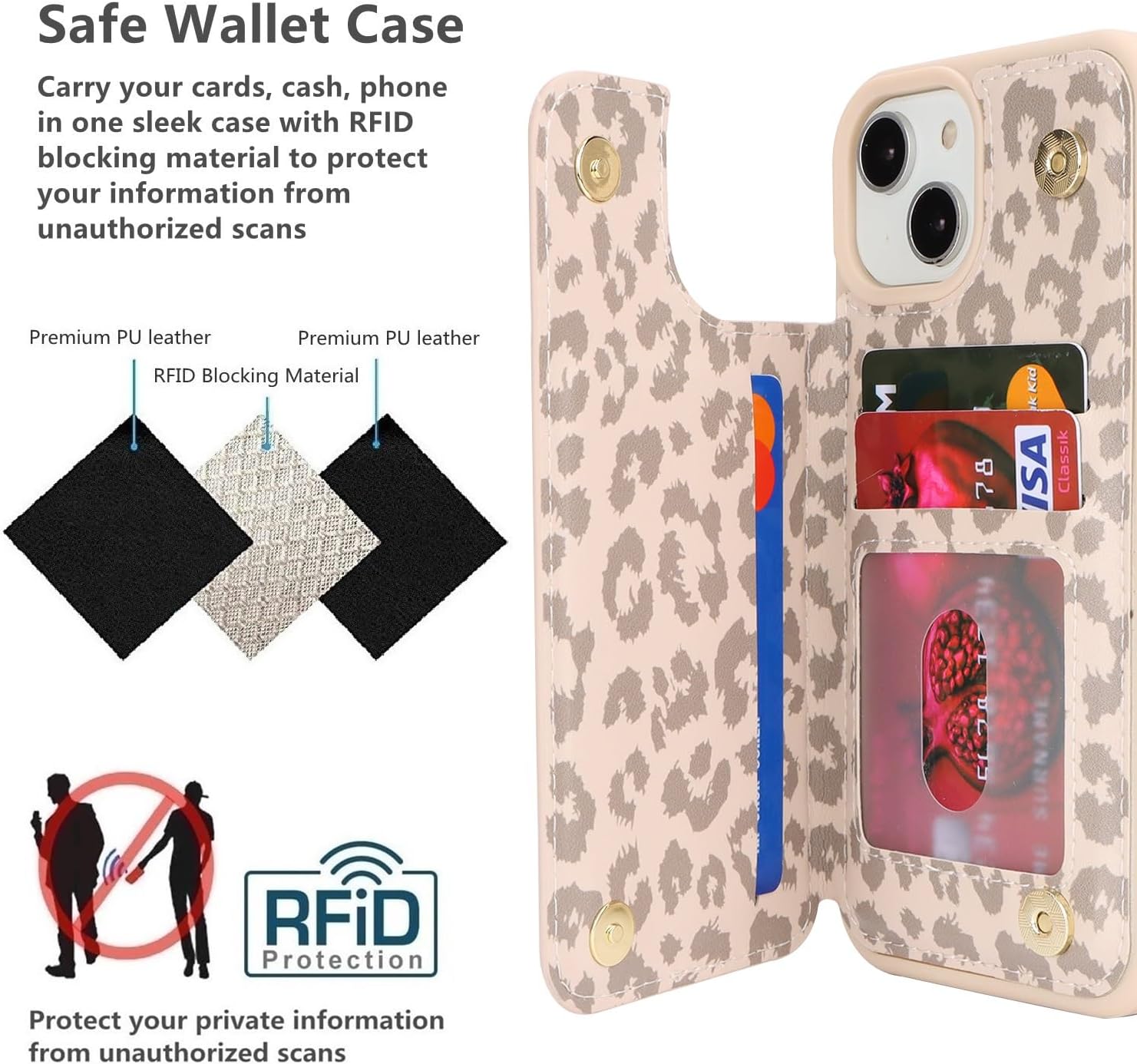iCoverCase Compatible with iPhone 15 Plus Wallet Phone Case with Card Holder for Women Men, [RFID Blocking] Card Slots PU Leather Protective Wallet Case 6.7 Inch (Beige Leopard) - Image 4