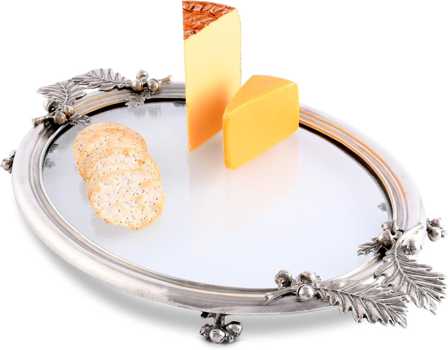 Vagabond House Solid Pewter Acorn and Oak Leaf Handle Oval Glass Serving Tray Platter 12 inch x 19 inch