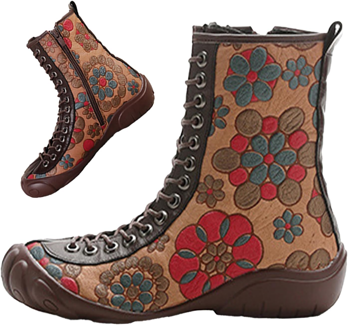 Women's Vintage Leather Ankle-Support Boots,Comfy Waterproof Non-Slip Zip Floral Print Casual Dress High Mid-calf Boot