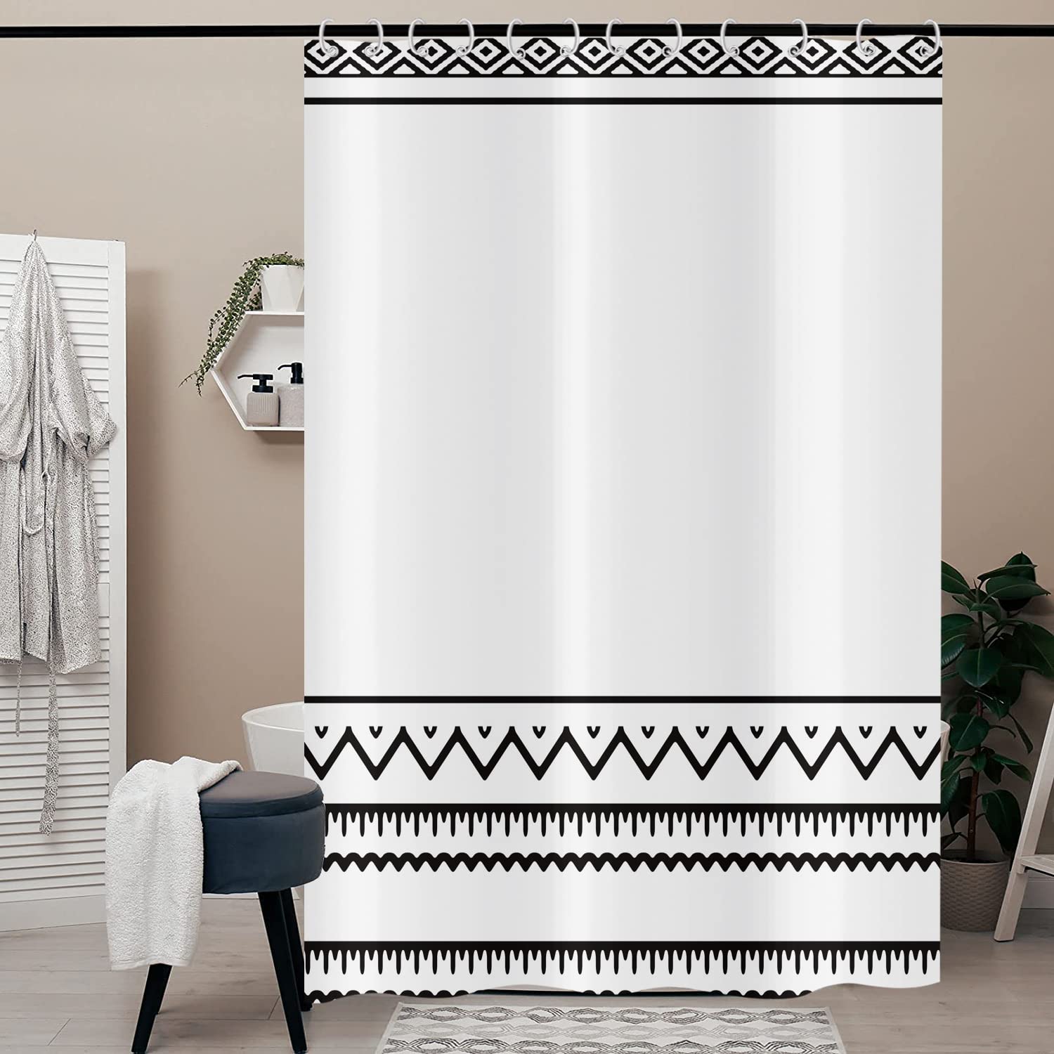 Hnmdmyi Boho Shower Curtain 200x180, Black and White Shower Curtains Farmhouse Geometric Tribal Bohemain Bathroom Curtains with Hooks Waterproof Polyester Fabric Washable Bath Curtains for Wet Room