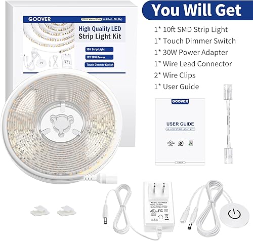 Miniatura 8 de GOOVER Kit de tira de luces LED blanco cálido COB, UL 1440LEDs, Ra 90+, incluye interruptor de atenuación táctil+adaptador de corriente con
