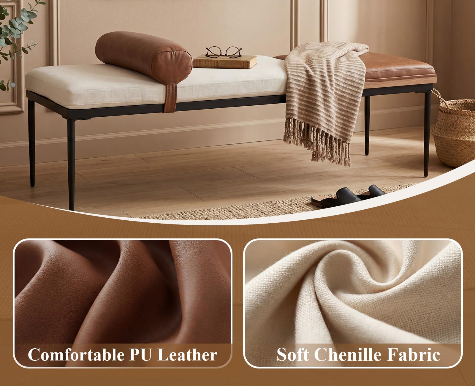Ya-Home Panca Ingresso con Vassoio in Legno e Gambe in Metallo, Panca Camera da Letto in Pelle e Tessuto di Ciniglia 140x55x47 cm, Bianco