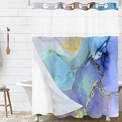 Cortina de ducha de mármol sin gancho con forro a presión, juego de cortinas de ducha de tela sin gancho para baño, cortina de ducha doble estilo