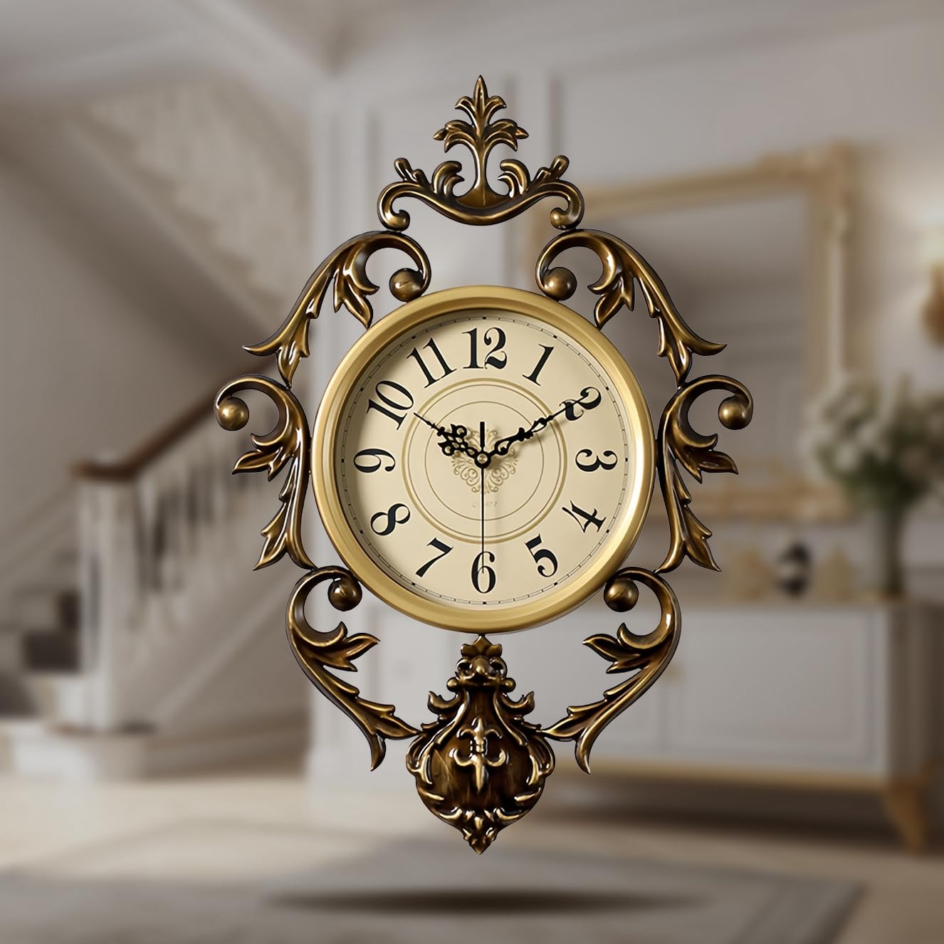 Metalowy zegar ścienny w stylu vintage, zasilany bateriami, nietykający antyczny zegar ścienny, zegar retro w stylu baroco do sypialni, salonu, jadalni i kuchni. 53 x 38 cm