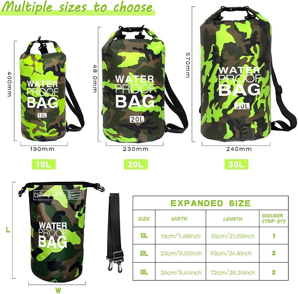 JSRHEEM Borsa Impermeabile, Dry Bag 10L 20L 30L con Tracolla Regolabile, Sacca Stagna per Kayak, Rafting, Nuoto, Canottaggio, Canoa, Spiaggia, Sport Acquatici (verde mimetico, 10 litri) - 2