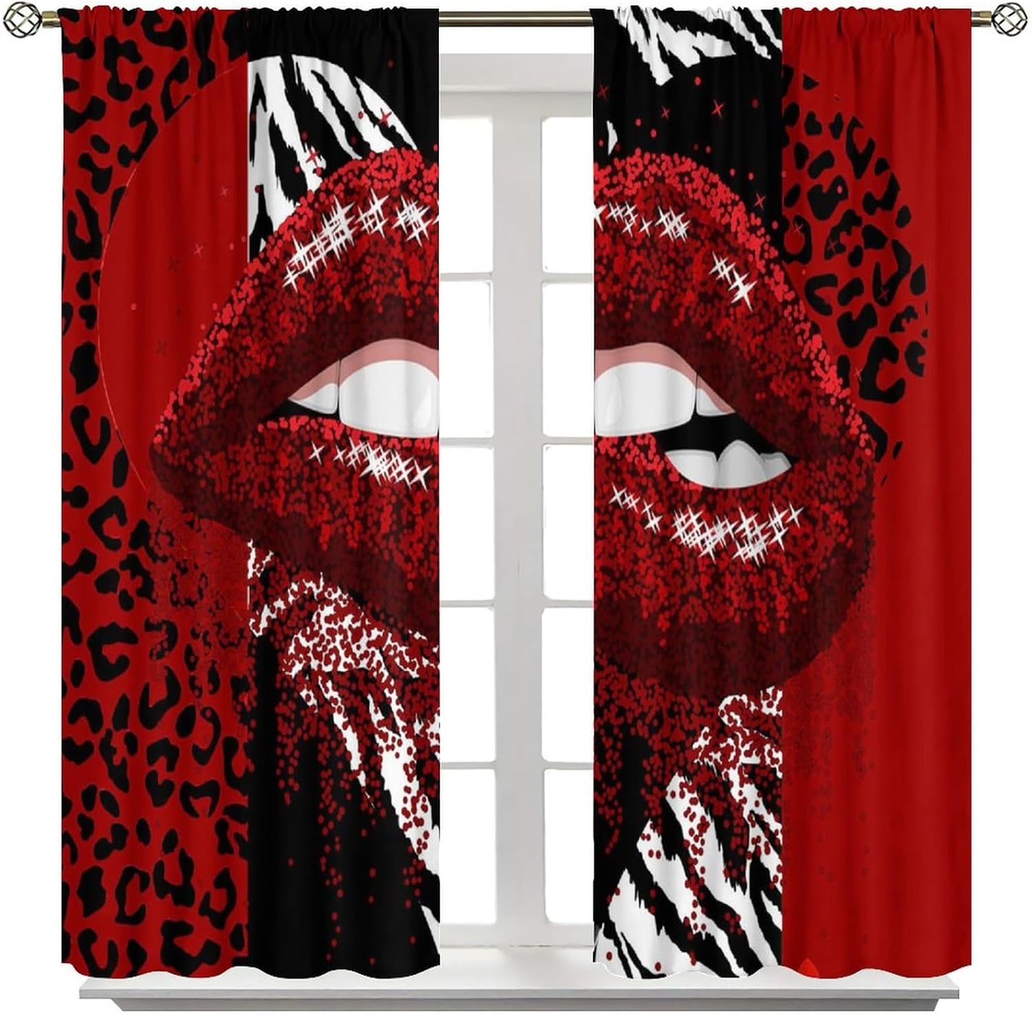 Glitter Lips Blackout Window Curtains Red Sequins Sparkling Black White Leopard Zebra for Home Kitchen Livingroom Coffee Room Window Curtain 2Panel 42" W X 45" L