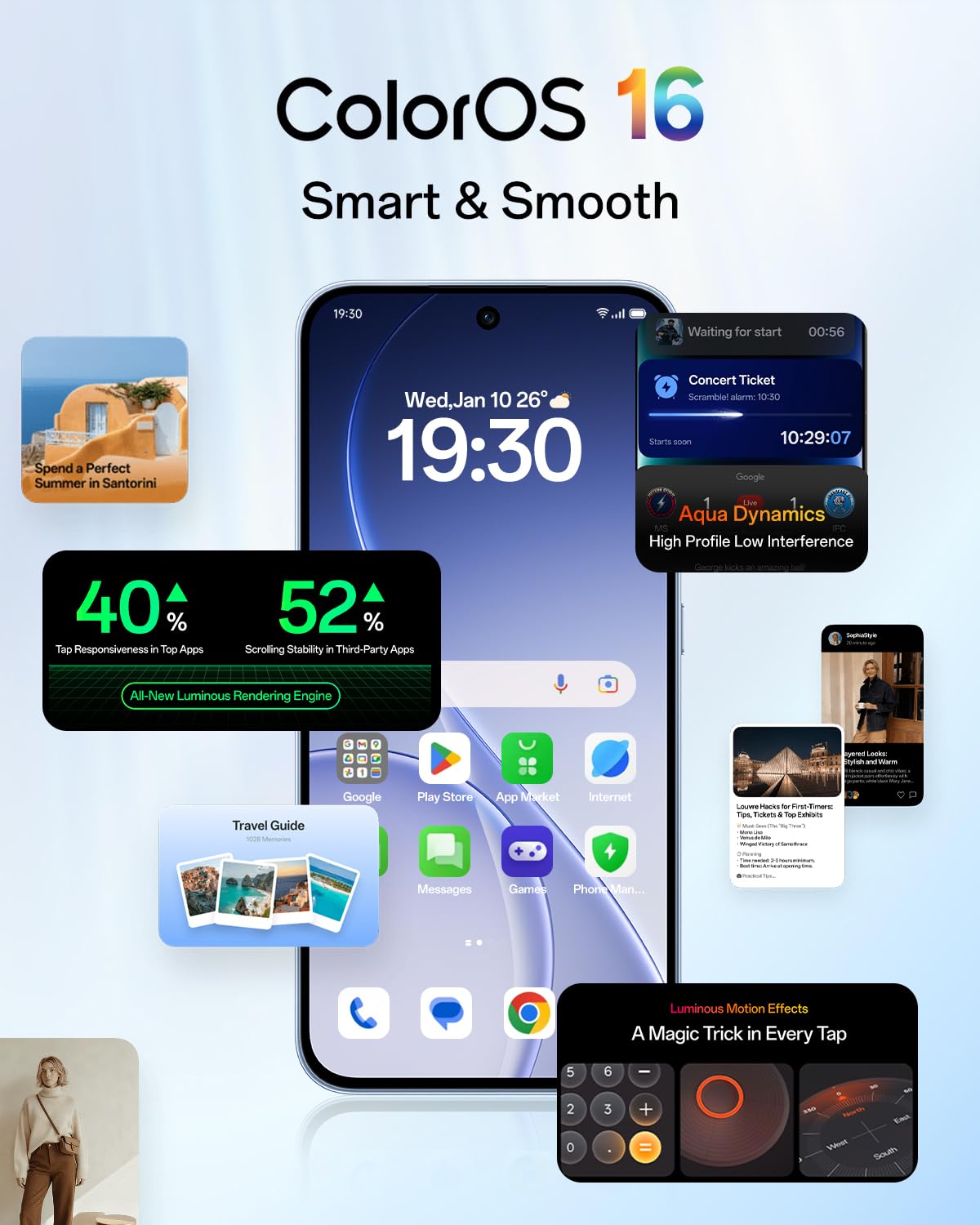 OPPO Reno15 FS 5G Téléphone Débloqué, 8+512Go, Appareil Photo Ultra Grand Angle 50MP FOV 100°, Écran 6.57" 120Hz, AI Portrait Glow, Batterie 6500mAh, IP69, Aurora Blue (Chargeur 80W SUPERVOOC Inclus)