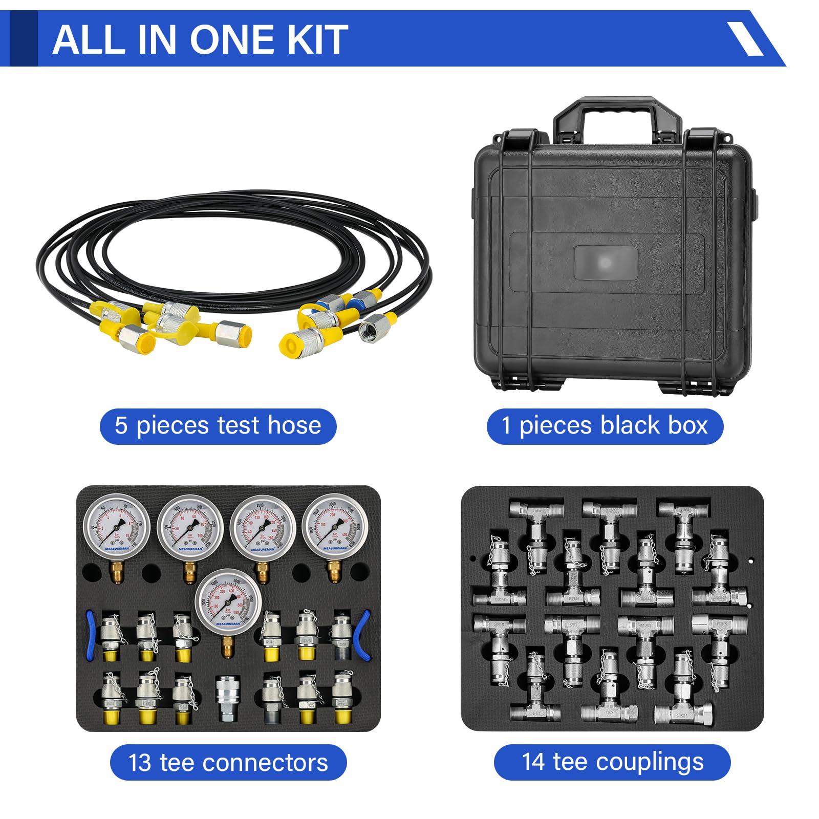 Kit per test pressione idraulica con 5 manometri (10/100/280/400/600bar), 12 giunti di prova, 14 connettori a T, 5 tubi di prova, per escavatori e macchine edili