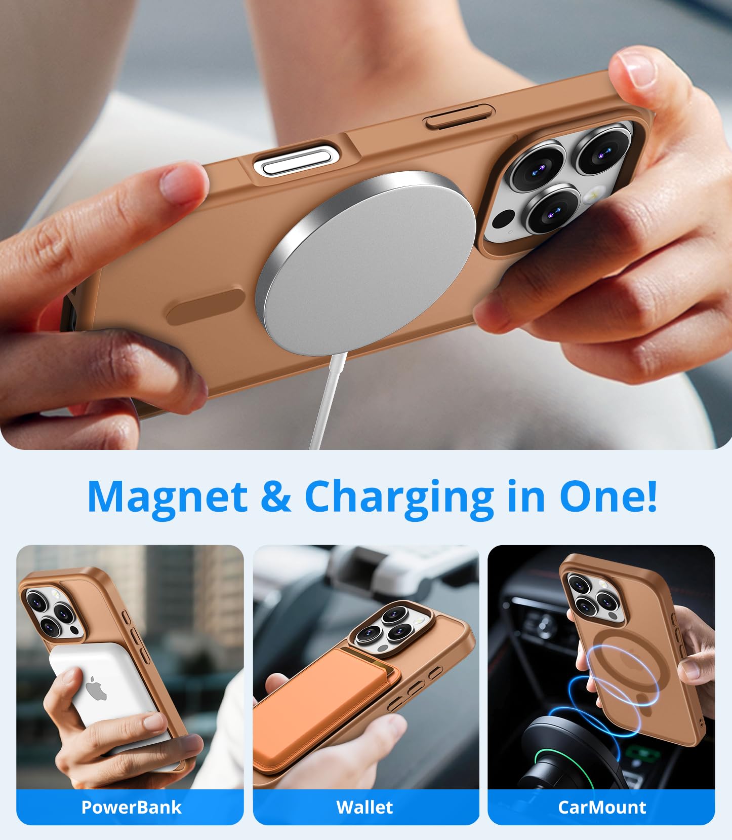 Vansdon Cover Magnetica per iPhone 16 Pro con 1 Pezzi Vetro Temperato, Compatibile con Magsafe, Protezione anticaduta di livello militare, Custodia Traslucida Opaca Sottile Antiurto-Marrone caffè