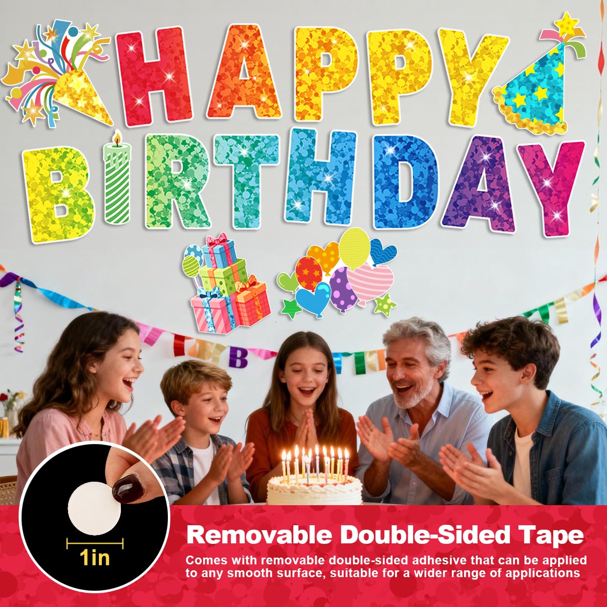 'Happy Birthday' znaki podwórkowe dekoracje zewnętrzne – zestaw 19 szt. z literami 40 cm, duży znak na tort na metalowym stojaku w kształcie litery H, światła LED i słupki na trawnik, ogród