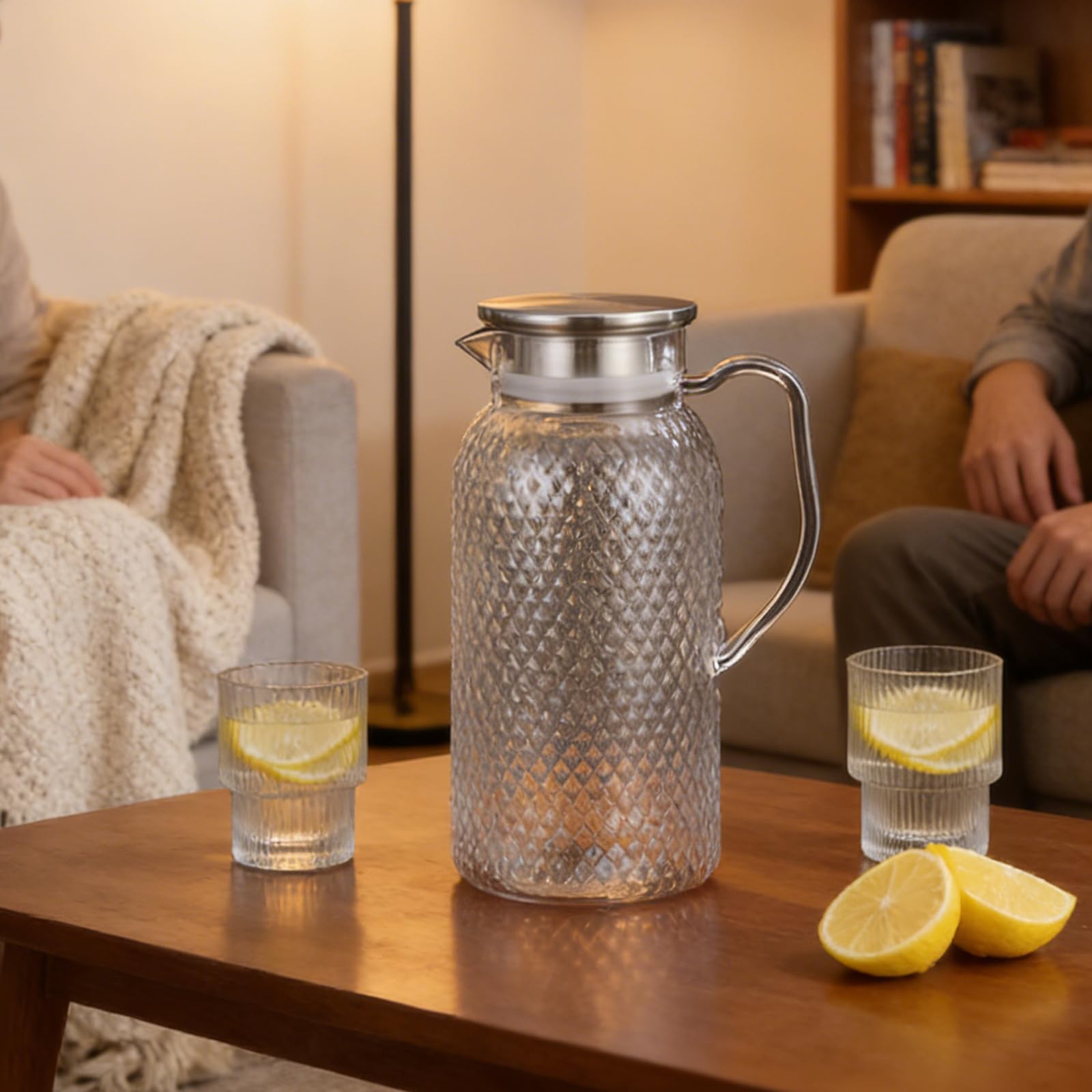 Lot de 2 pichets en acrylique de 1800 ml - Pichets à eau en plastique avec couvercle - Carafe transparente en acrylique - Pour réfrigérateur - Avec poignée - Pour boissons DIY, jus, thé