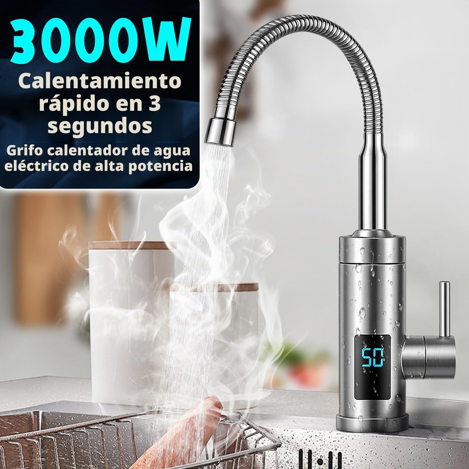 Grifo eléctrico con calentador de agua, 220 V y 3000 W, grifo de agua caliente, grifo de cocina, calentador inteligente, calentador de agua para cocina, jardín, baño, caravana, camping