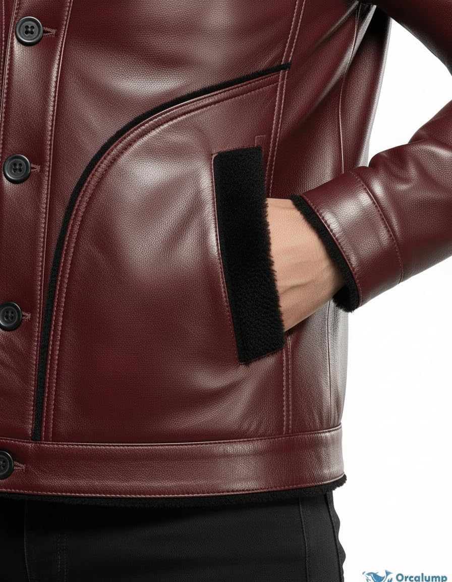 Mens Premium Lambskin Leather Jacket with Sherpa Faux Shirt Collar Style