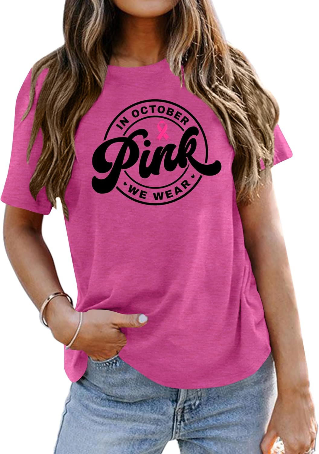 Ithalt Breast Cancer Tshirts for Women in October We Wear Pink Shirt Breast Cancer Awareness Tee Cancer Survivor Tops