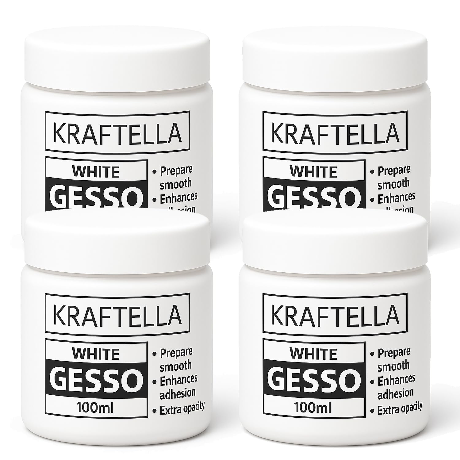 KRAFTELLA White Gesso 100 ml | Acrylic Gesso Primer for Canvas, Wood, MDF, Paper, Resin | Non-Toxic, Water-Based, Matte Finish | Art & Craft Surface Primer for Painting & Mixed Media (Pack of 4)