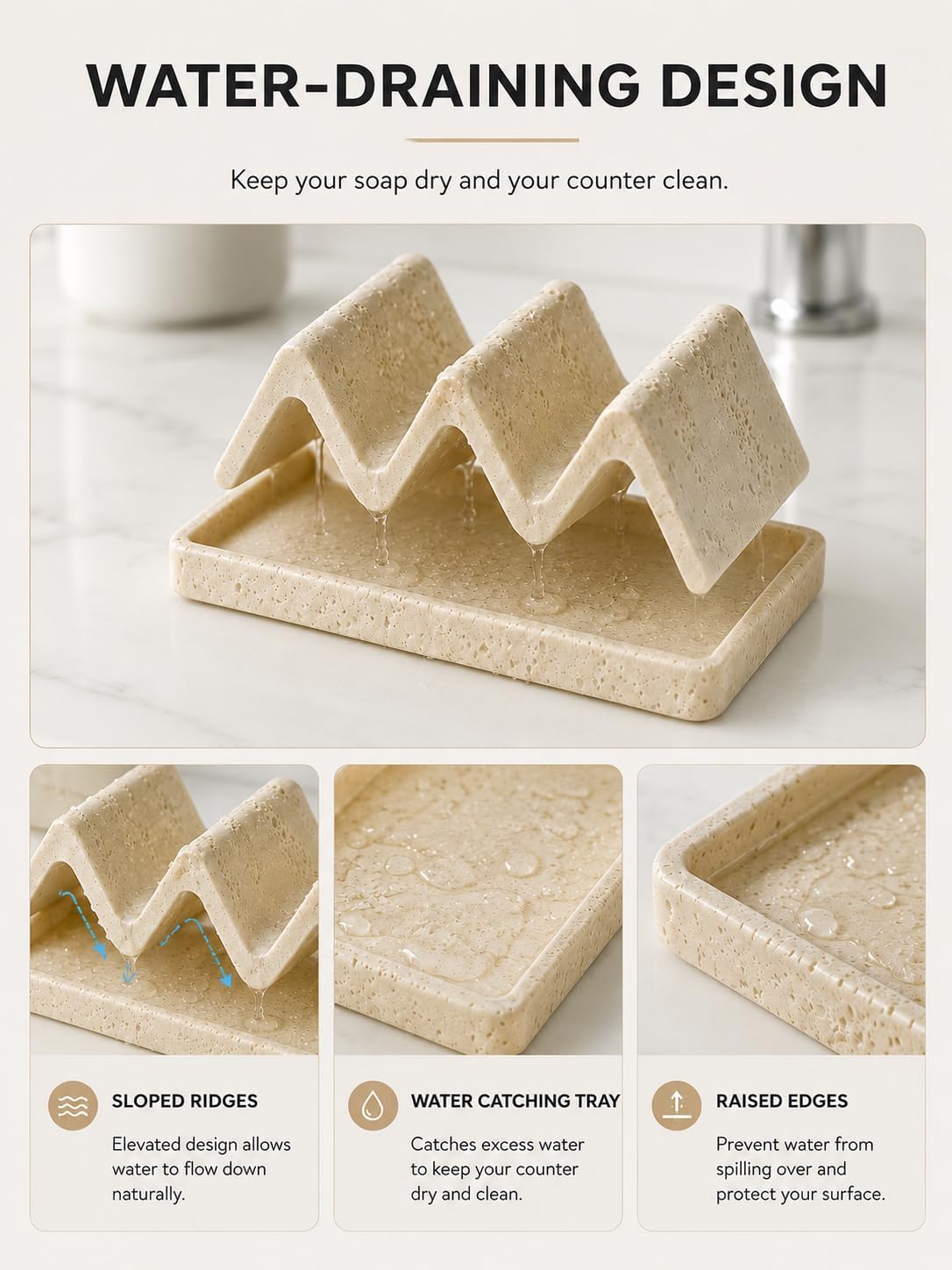 Faux Travertine Soap Dish, Quick-Dry Beige with Removable Drip Tray | Artificial Sandstone, Non-Slip Feet, Wave Drain, Wabi Sabi Minimalist Soap Saver for Bathroom Shower Kitchen RV, 6.4"x3"x2"