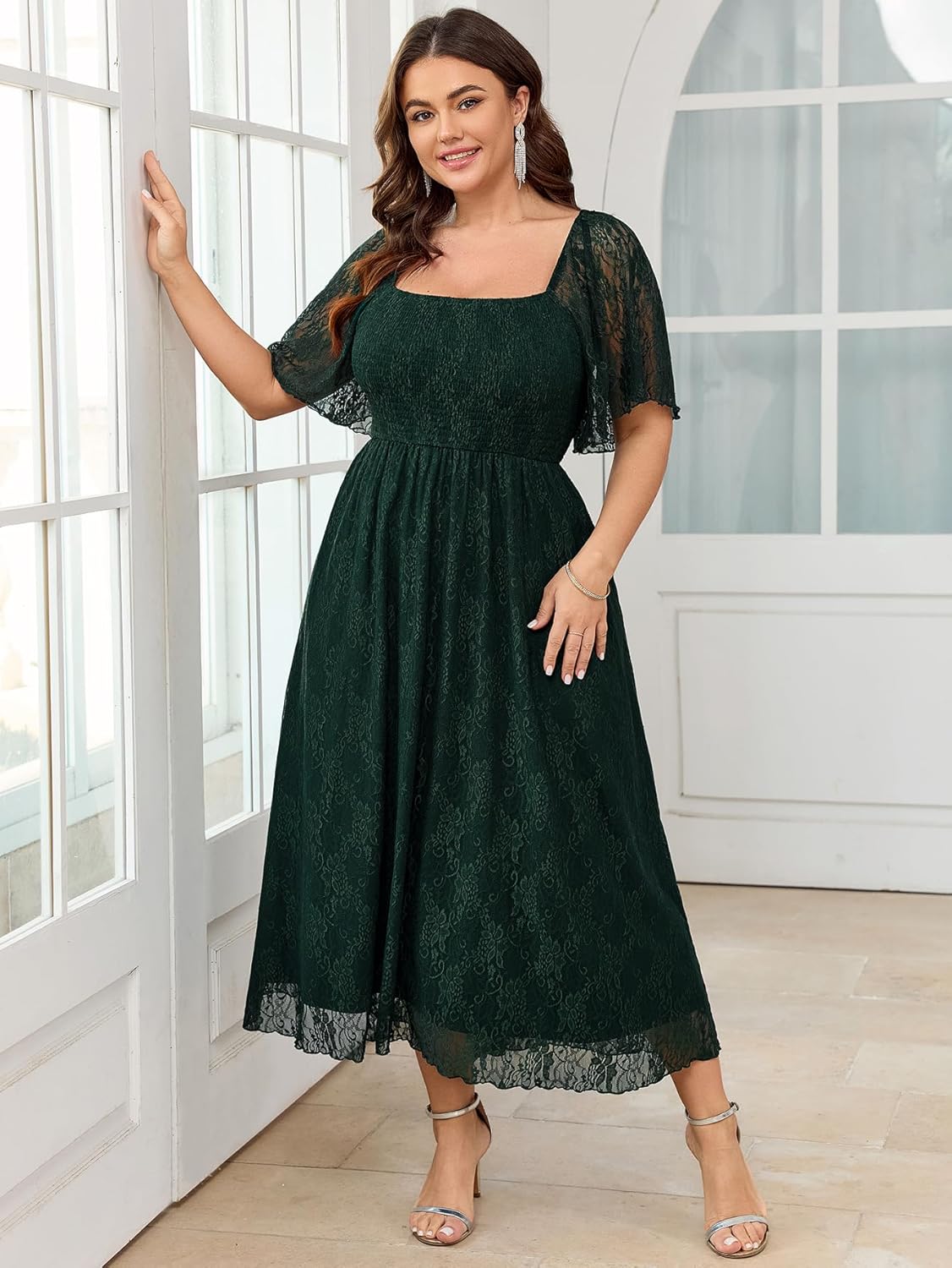 SCOMCHIC Women's Plus Size Wedding Guest Dress Formal Lace Square Neck Short Sleeve Smocked Flowy Cocktail Maxi Dresses - Image 5