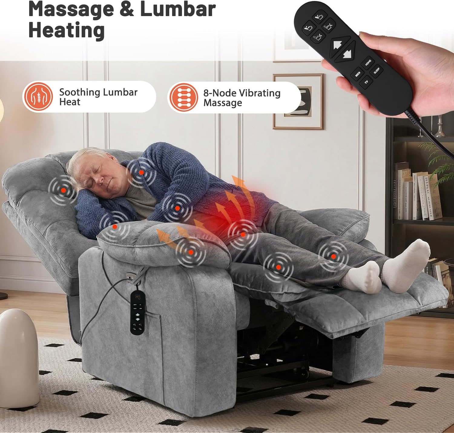EONIX Oversized Power Lift Recliner Chair for Big & Tall, Extra Wide Recliner with Heat & Massage, 400lbs Dual Motor Lay Flat Electric Lift Chair with Extended Footrest, Grey