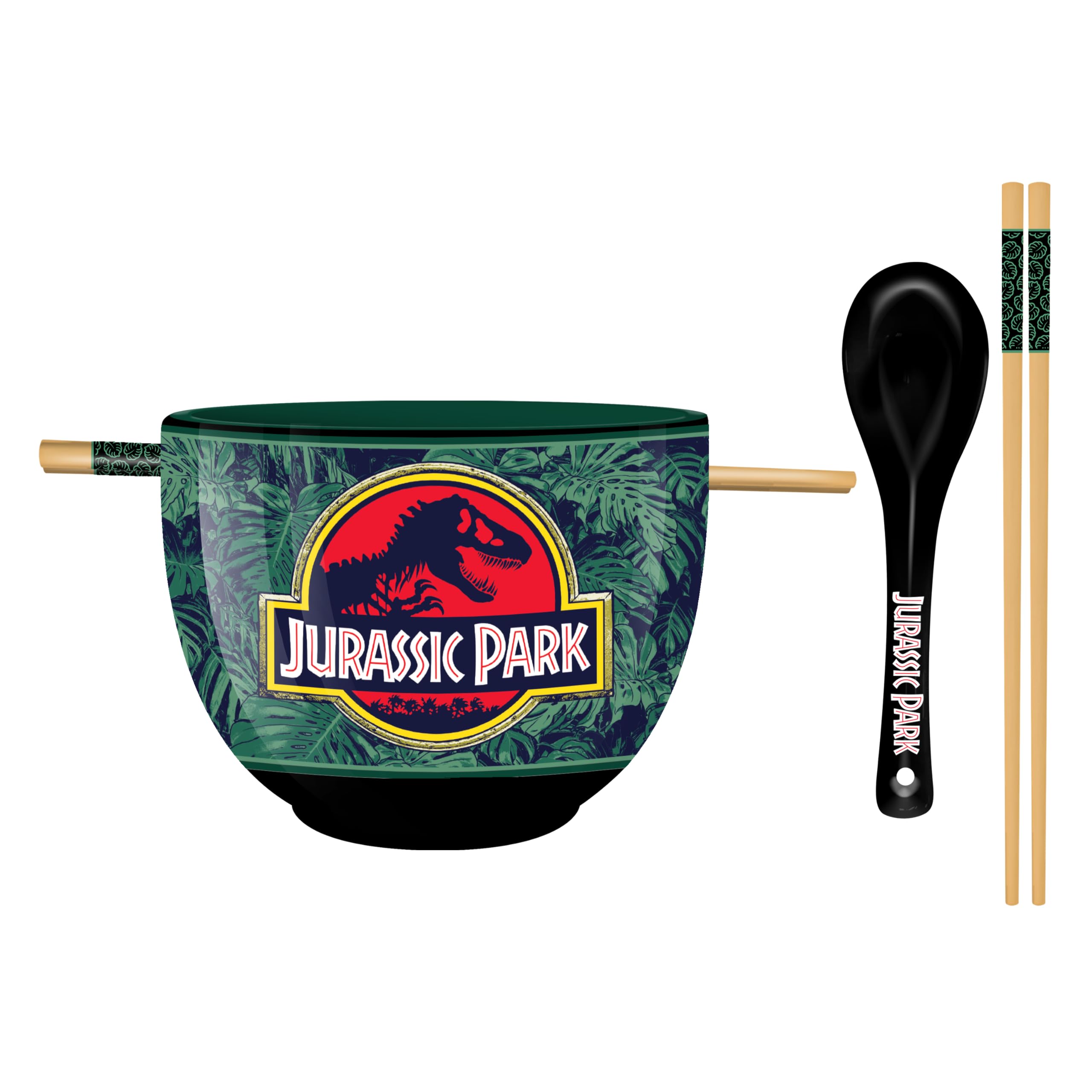 Silver Buffalo Jurassic Park Logo Over Leaves 20oz Ceramic Ramen Bowl w/Chopsticks and Spoon
