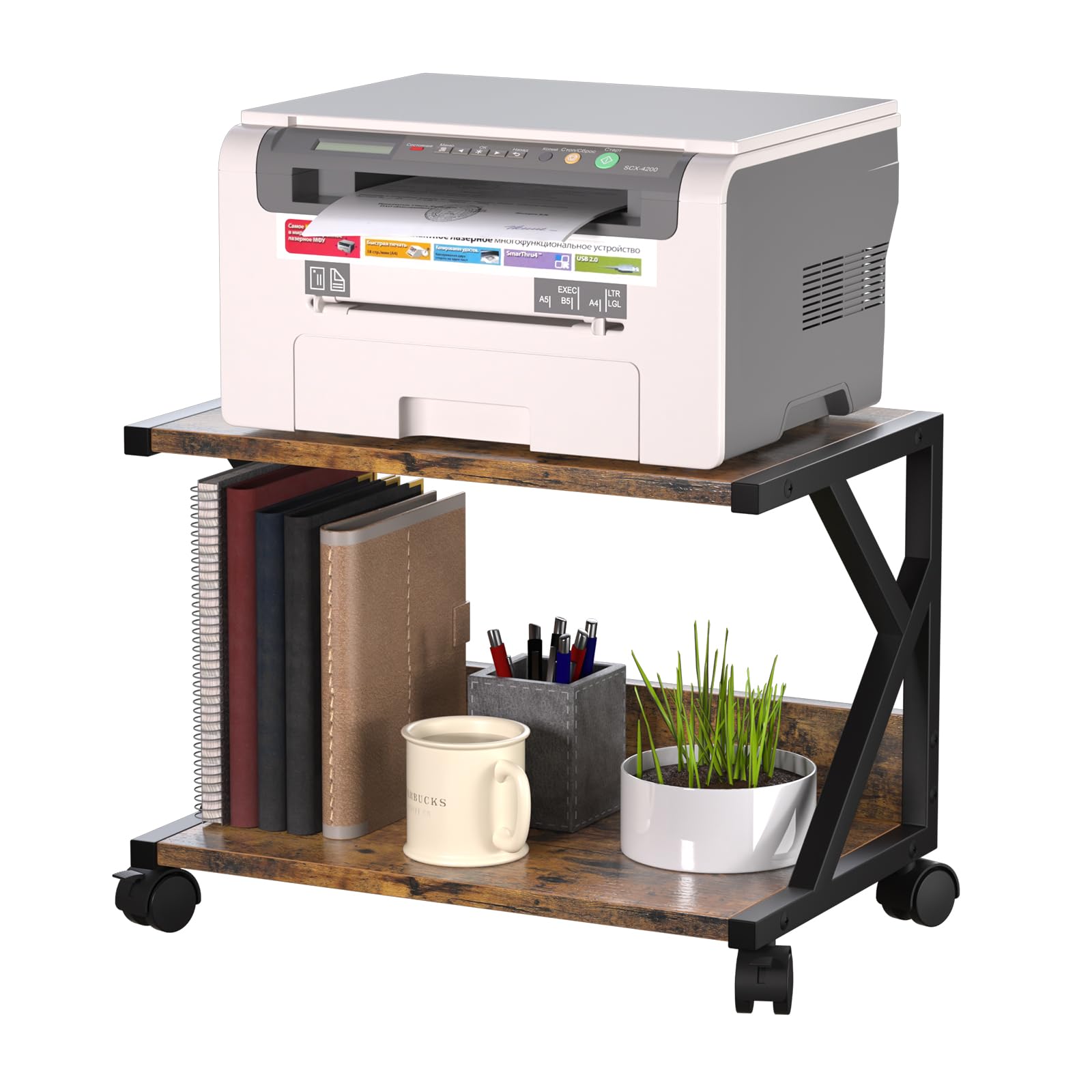 Huhote Support d'imprimante de bureau à 2 niveaux, table d'imprimante sous le bureau, multifonction de rangement et d'organisation, support d'imprimante en bois avec roues pour dossiers A5, scanner,