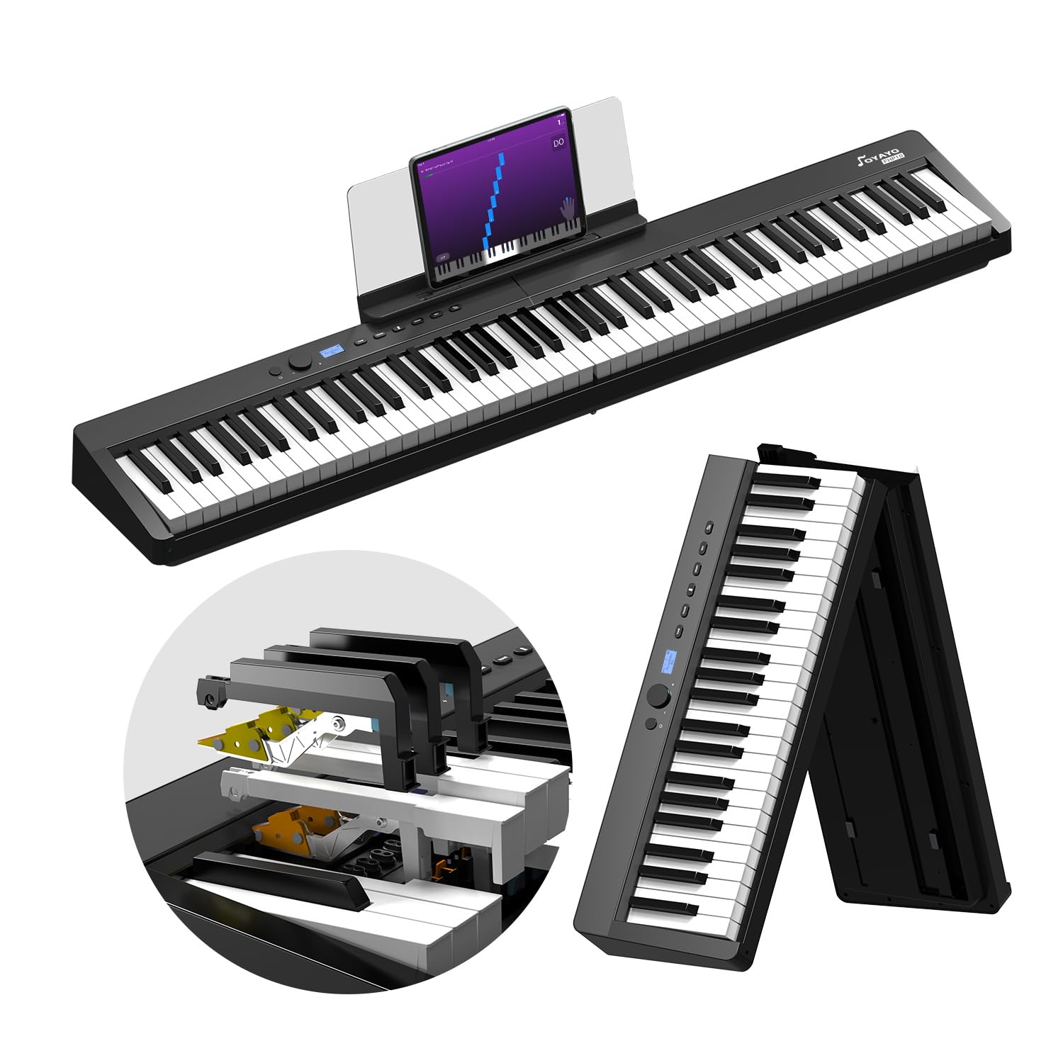 OYAYOFaltbares 88 Tasten Gewichteten Tasten Digitalpiano, Bluetooth MIDI & Audio, 128 Klänge & Rhythmen, 2600mAh Akku Stereolautsprecher, Elektronisches Klavier für Einsteiger & Musiker