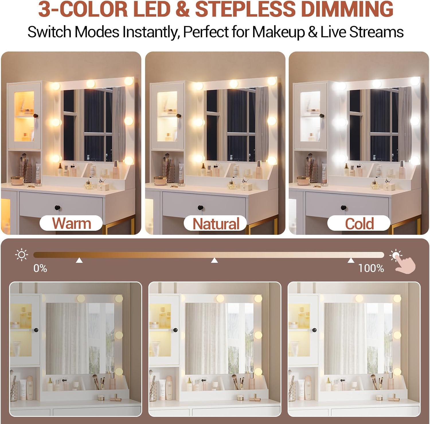 GAOMON Makeup Vanity Desk with Mirror and Lights, Vanity Table with Charging Station, RGB Lights Wood Dressing Table for Bedroom, for Girls
