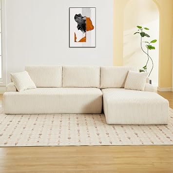 106" Cloud Modular Sectional Sofa - Luxury Modern Corduroy L-Shaped Couch with Chaise, Throw Pillows & Back Cushions - Upholstered Compression Sleeper Sofa for Living Room & Apartment, Beige, Left