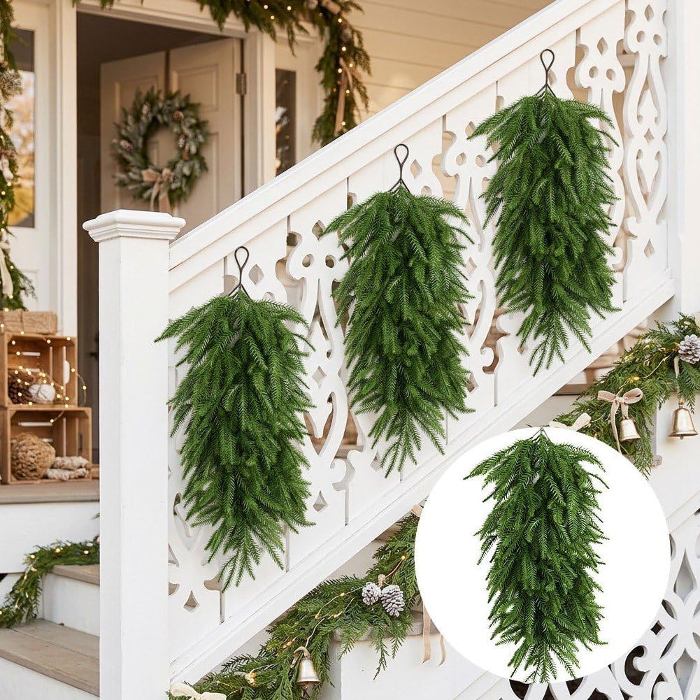 2pcs Christmas Wall Mounted Pine Garland,Artificial Pine Sprig Hanging Swag Fake Pine Plants Xmas Fireplace Home Decor