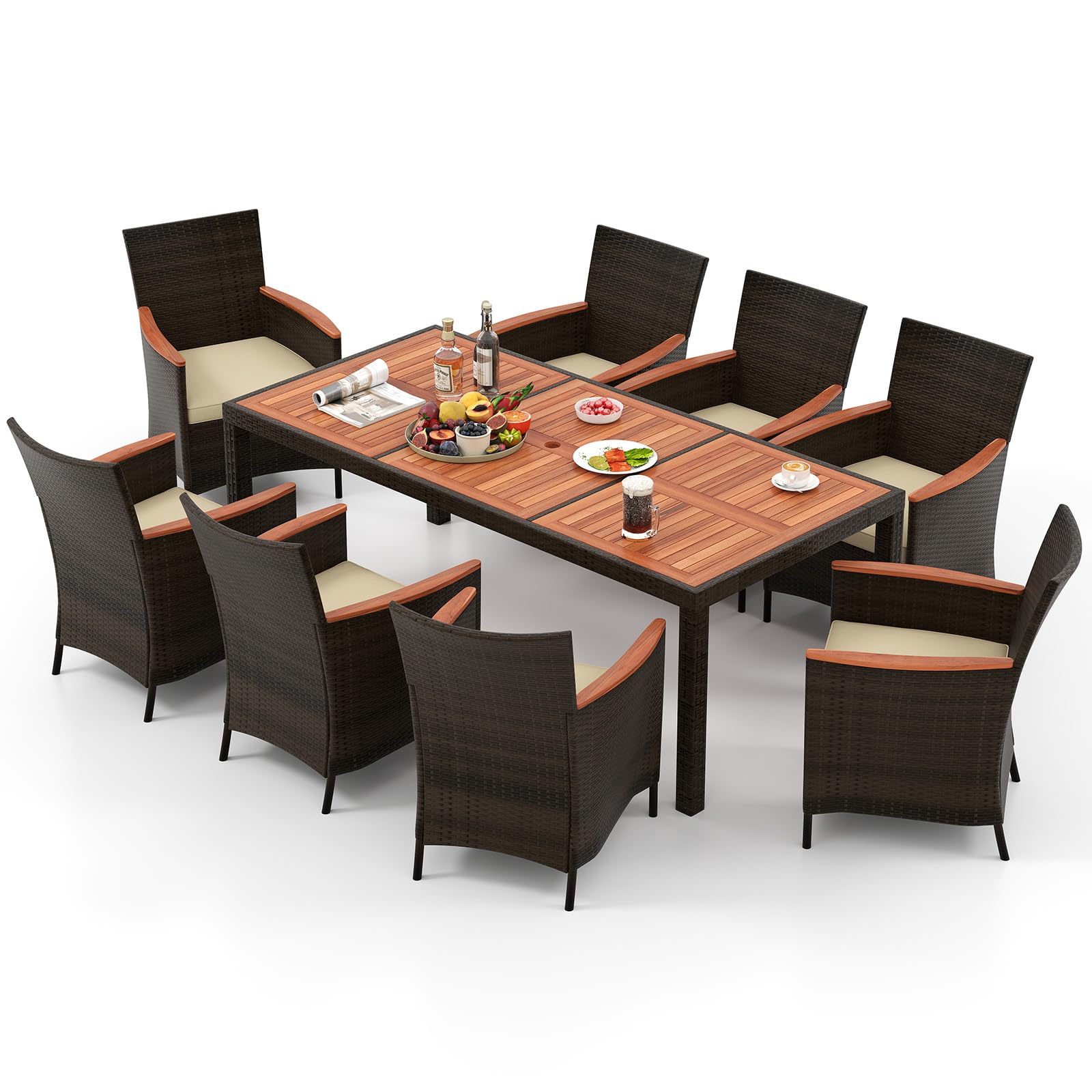 SOARS Gartenmöbel Set 8 Personen Rattan, Gartengarnitur mit Akazienholz Gartentisch, Schimloch & Stapelbare Stühle inkl. Kissen, Garten Sitzgruppe Essgruppe für Innen & Außen