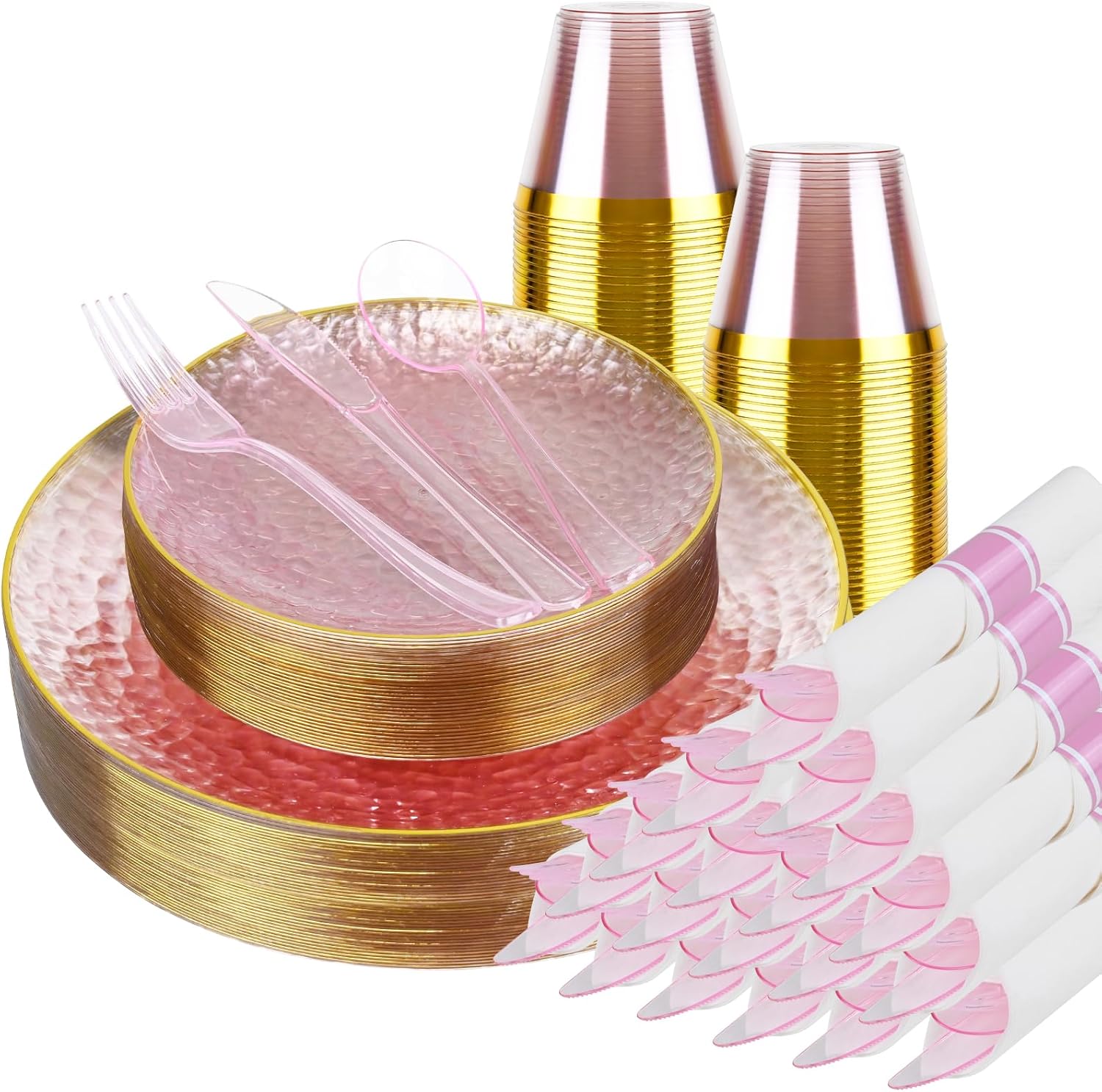 175PCS Gold and Pink Plastic Plate Set – Clear Pink Disposable Plate with Gold Rim Include Dinner Plates, Dessert Plates, Cups, Rolled Cutlery, Elegant Party Dinnerware for Weddings, Formal Events
