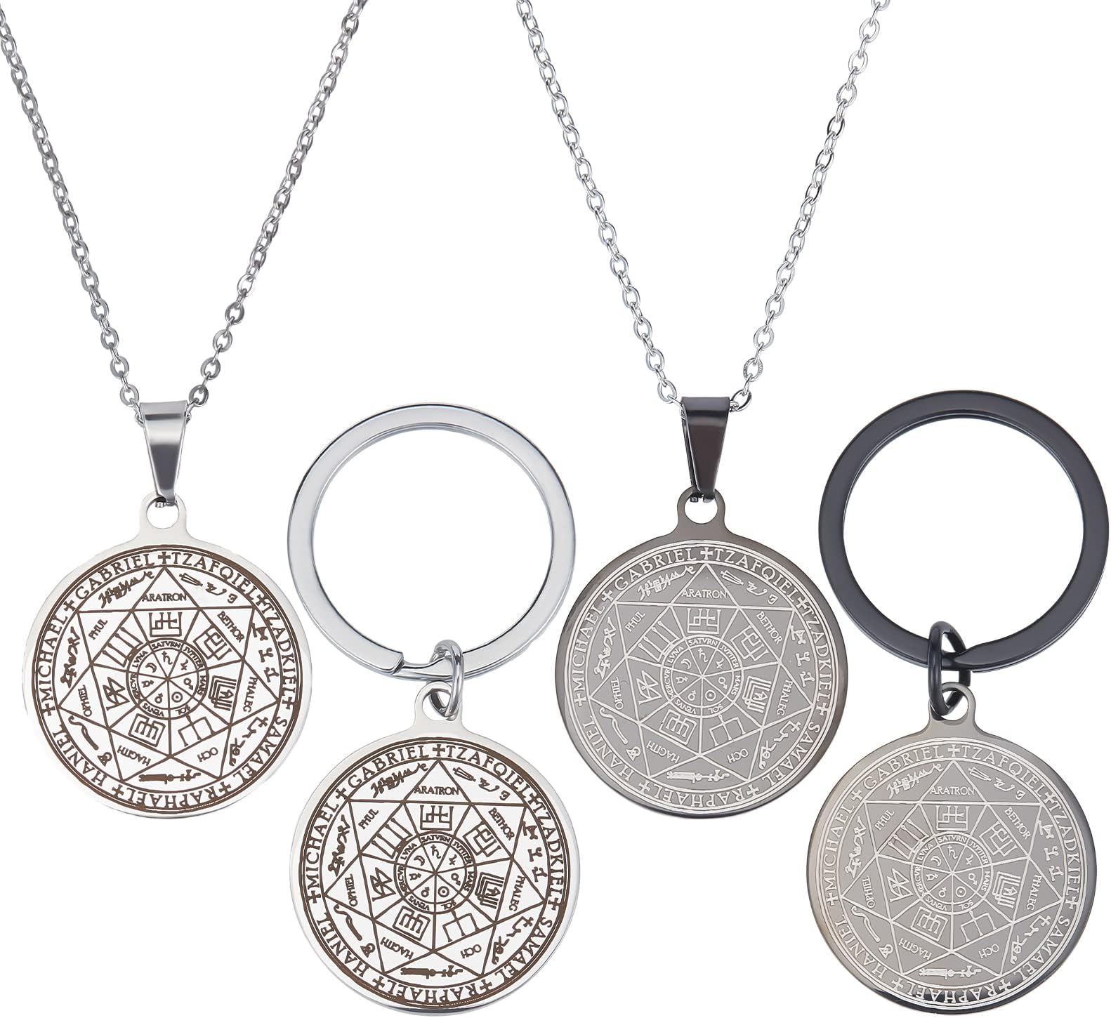 PLIGREAT4 Pcs Seven Archangels Pendant for Spiritual Protect Mens Talisman Amulet Keyring Seal of The 7 Archangels Protection Necklace for Men Stainless Steel Medal Jewelry
