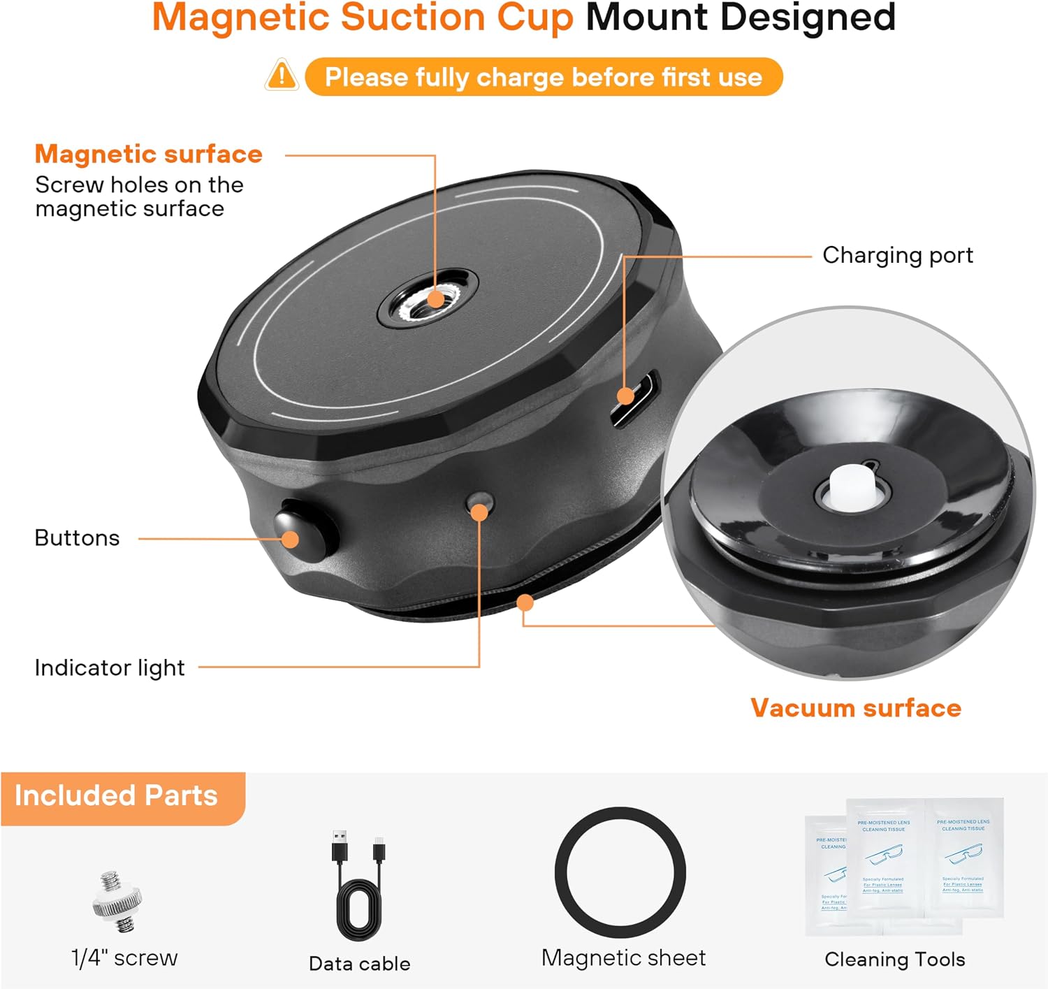 Camera Suction Cup Mount for DJI Osmo Pocket 4/Action 6/5 Pro/Pocket 3/for Xtra Muse/Smartphone, 2-in-1 Electric Vacuum Magnetic Camera Mount for Insta360 Luna Ultra Car/Window/Mirror, with 1/4 Screw