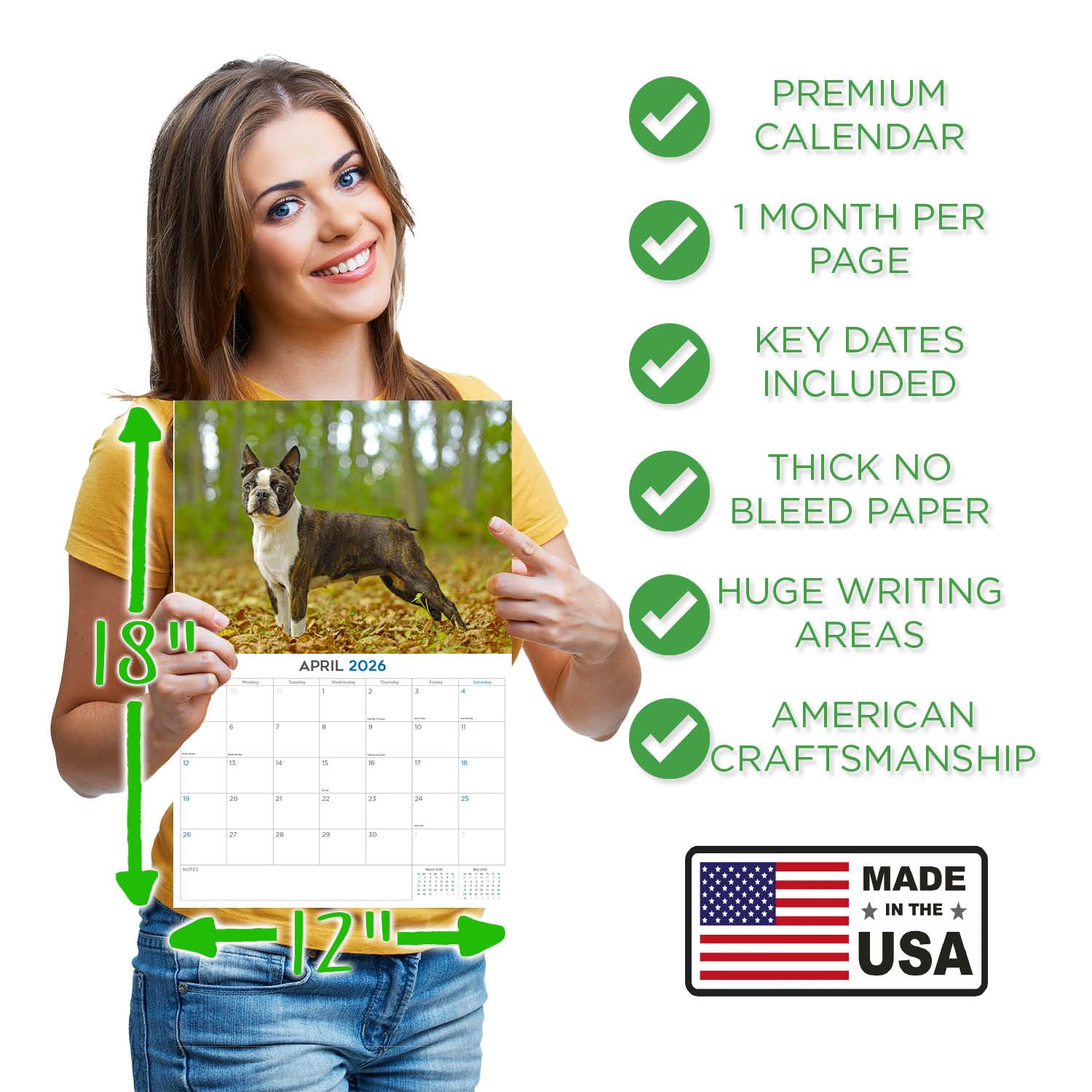 Calendario 2024 2025 Boston Terrier – Calendario mensual de pared de raza de perro – 12 x 18 pulgadas abierto – Papel grueso que no se corre – Regalo – Calendario académico para profesores,