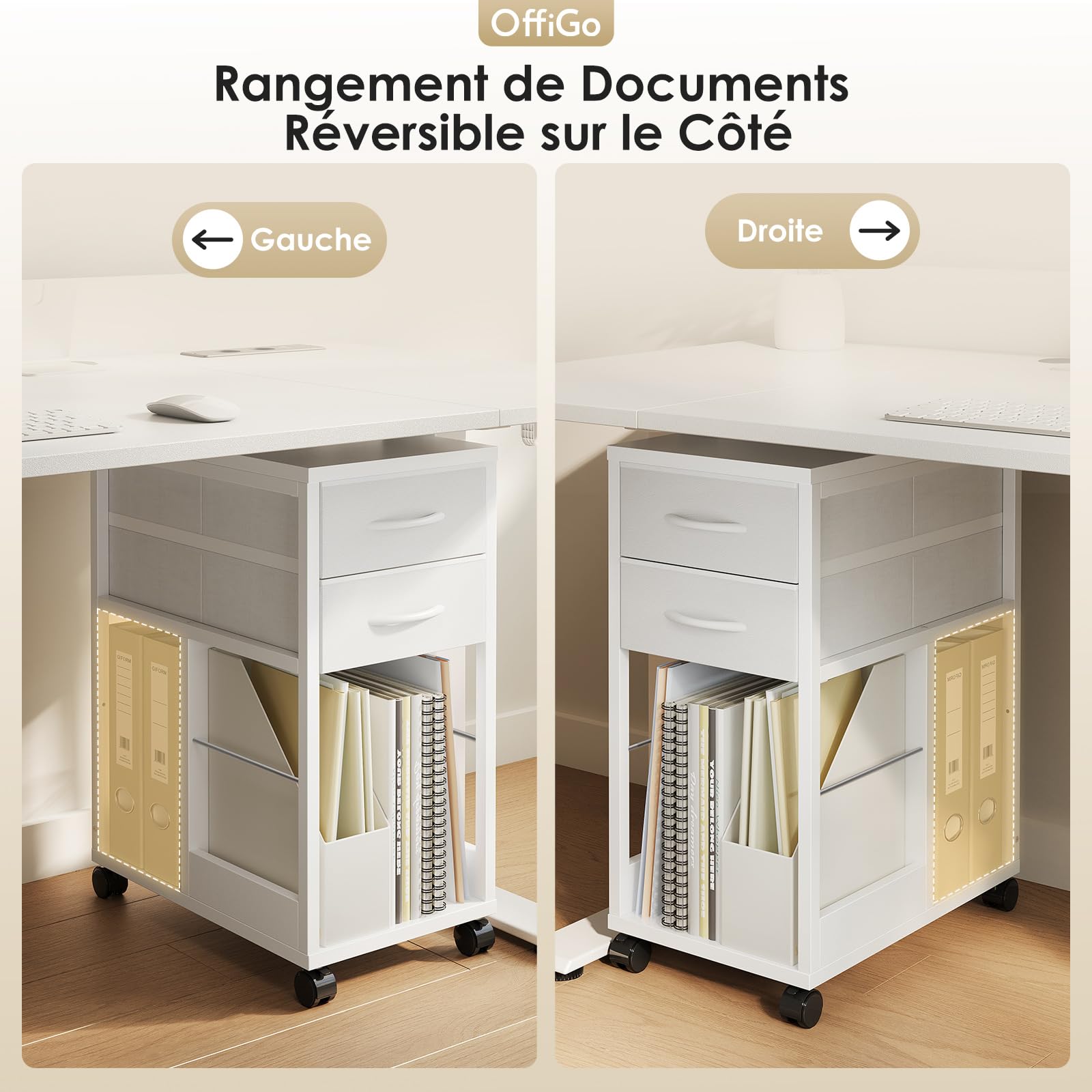 OffiGo Caisson Bureau avec roulettes, Meuble Bureau 2 Tiroirs, Blanc