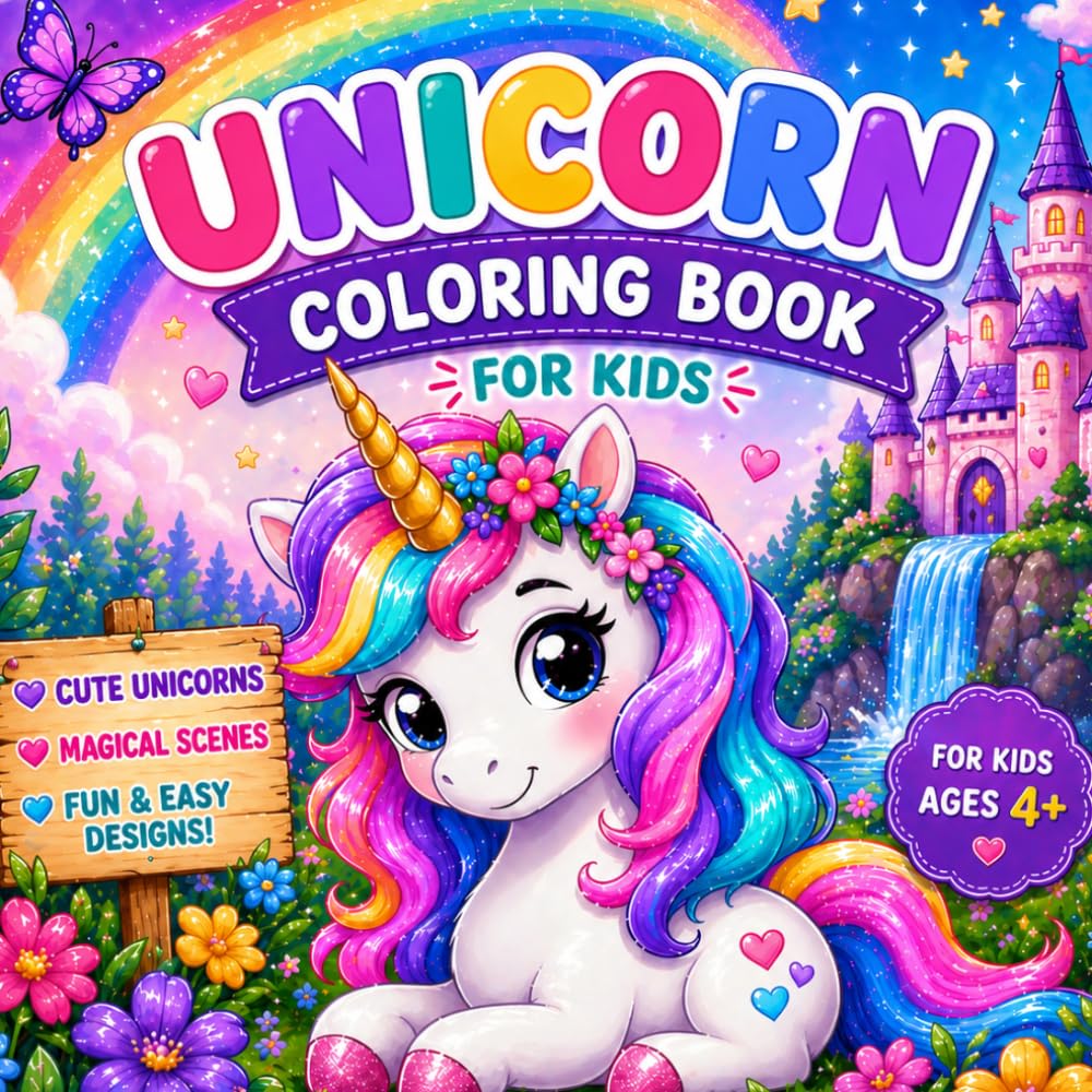 Unicorn Coloring Book for Kids Ages 4-8: Magical Unicorns, Rainbows, Cute Animals & Easy Coloring Pages