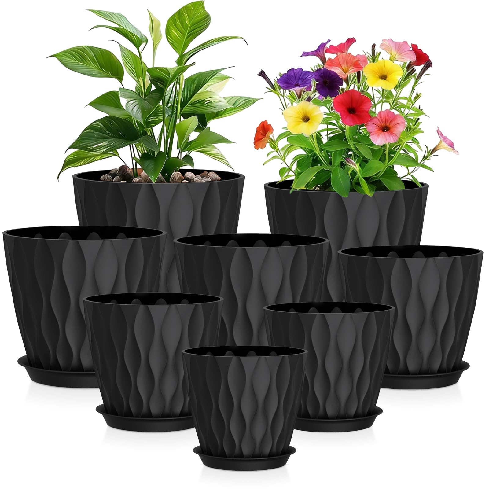 WSMKSZ 8 Pack Plant Pots Indoor, 20/17.6/16.3/15/13.8/12.7/11.2/10.2 cm Thick Plastic Flower Pots with Drainage Holes & Saucers, 3D Modern Wave Texture Decorative Planter Pots for House Plants, Black
