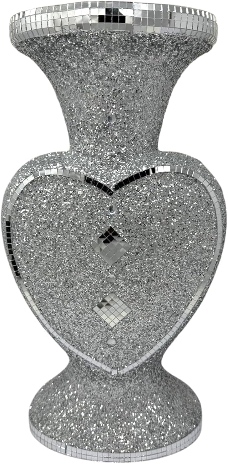 Aidni Silver Heart-Shaped Crushed Diamond Glitter Vase, Decorative Flower Pot With Sparkle Crystal Finish, Luxury Romany Style Interiors, Home Décor & Gift Idea - 30Cm