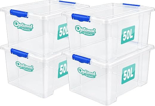 4 x Storage Boxes With Clip Lock Lids Sturdy Litre Heavy Duty Clear Stackable Lockable Multipurpose Plastic Storage Box Indoor Outdoor Containers Home,Office,Kitchen,Garage (4 x / 50 Litre)
