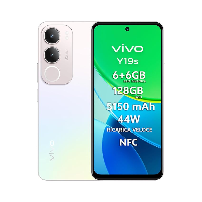 vivo Y19s, Smartphone 6+6GB RAM, 128GB ROM, Cameraphone 50MP, AI modalità notte, 6.68”, 44W Ricarica veloce, Batteria da 5150 mAh, NFC, Dual SIM, Luce Dinamica, IP64